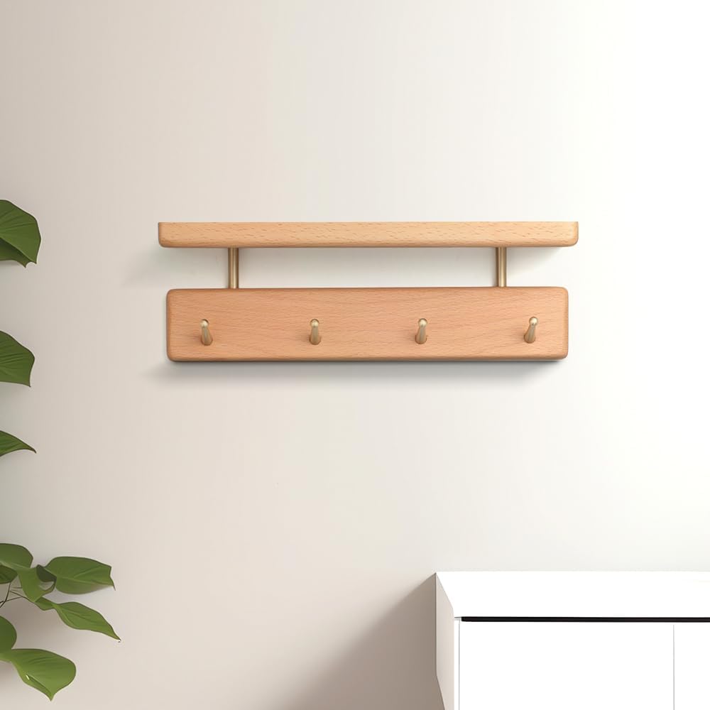 Shelf with Hooks, Solid Wood Bedroom Shelves for Wall, Wooden Coat Rack Wall Mount for Bathroom, Kitchen, Door Entryway (Beech, 38cm/14.96inch)