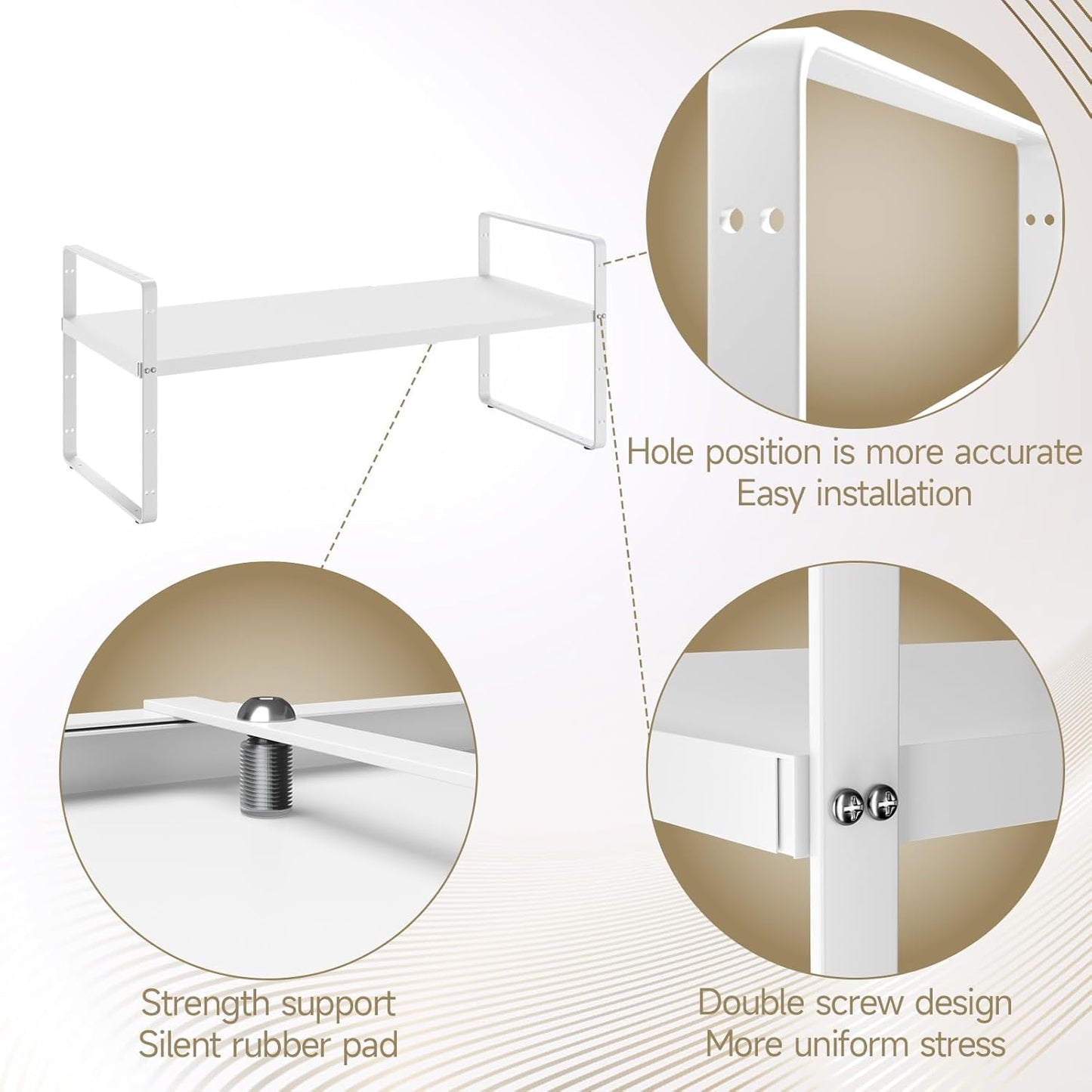 16.5~27.1" Expandable Shelf Organizer, 1Pack 10.2" Wide Stackable Cabinet Shelf Organizers, White Metal Sturdy Kitchen Counter Storage for Countertop, Adjustable Height Spice Rack