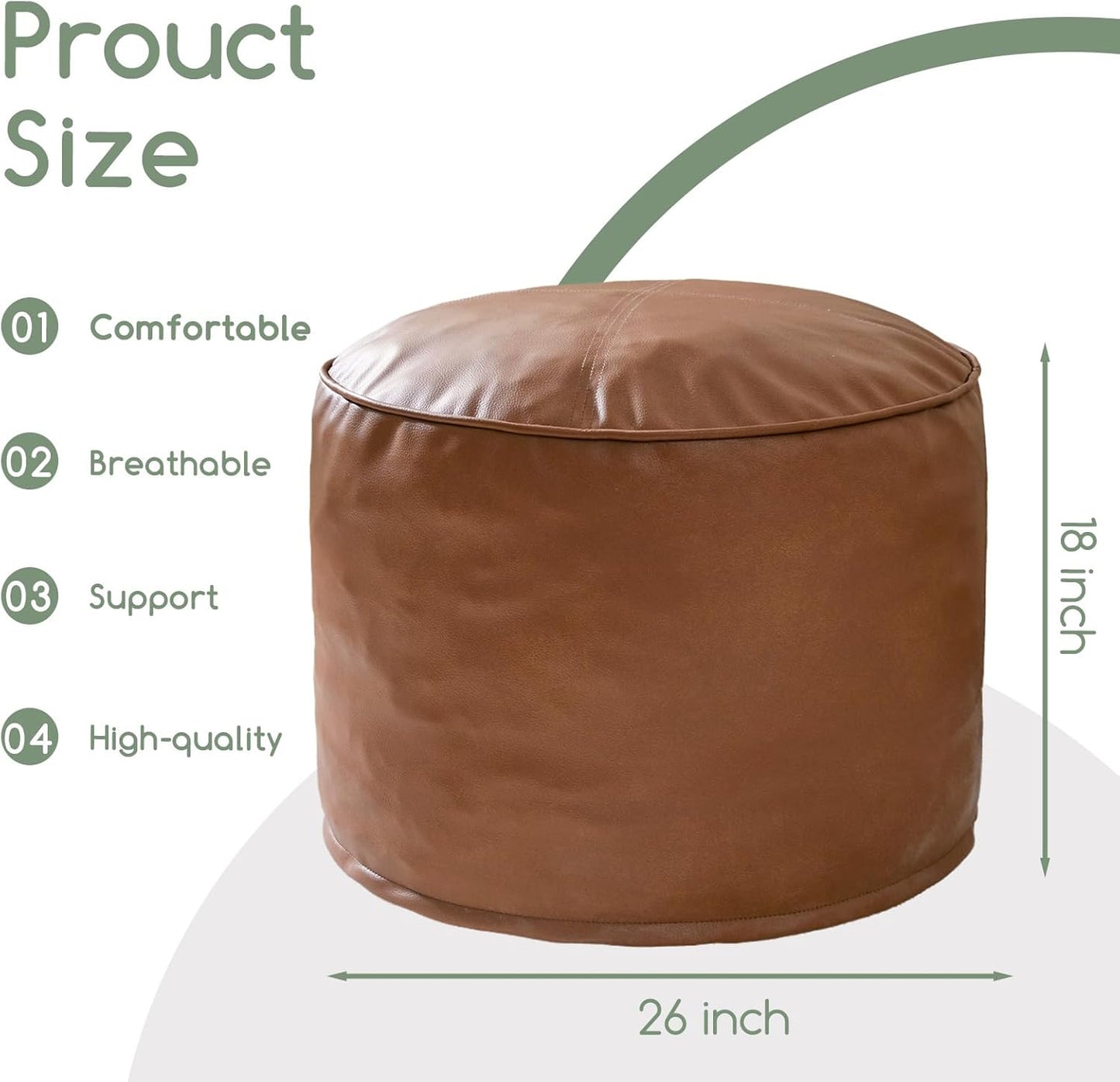 HIGOGOGO Round Stuffed Pouf Ottoman, Pu Leather Poufs with Foam Chunk Filling Foot Stool Storage Ottoman, 26 X 18 Floor Poufs Foot Rest for Living Room, Brown