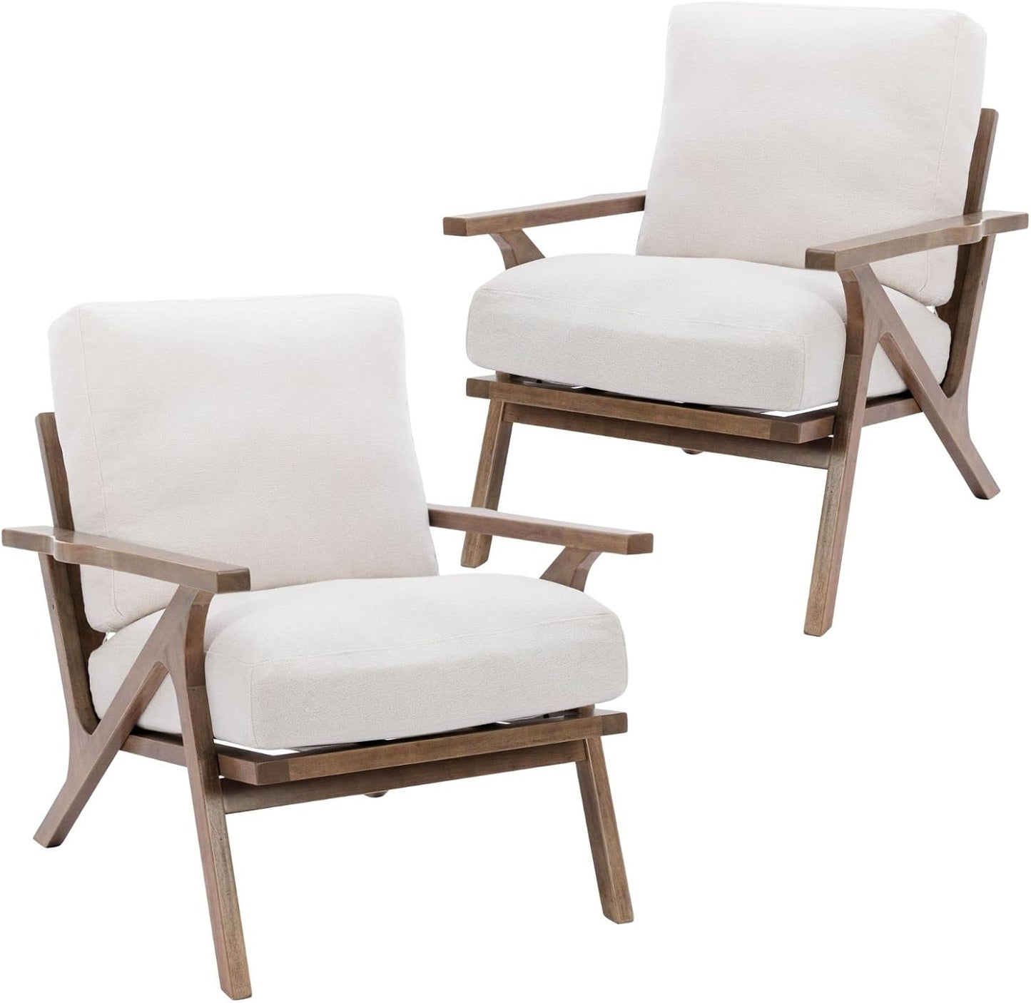 HNY Mid Century Modern Accent Chairs Set of 2, Farmhouse Linen Upholstered Armchair for Living Room, Bedroom, 23'' Seat Wide Retro Leisure Reading Chair Slipper Chair with Wood Frame, White