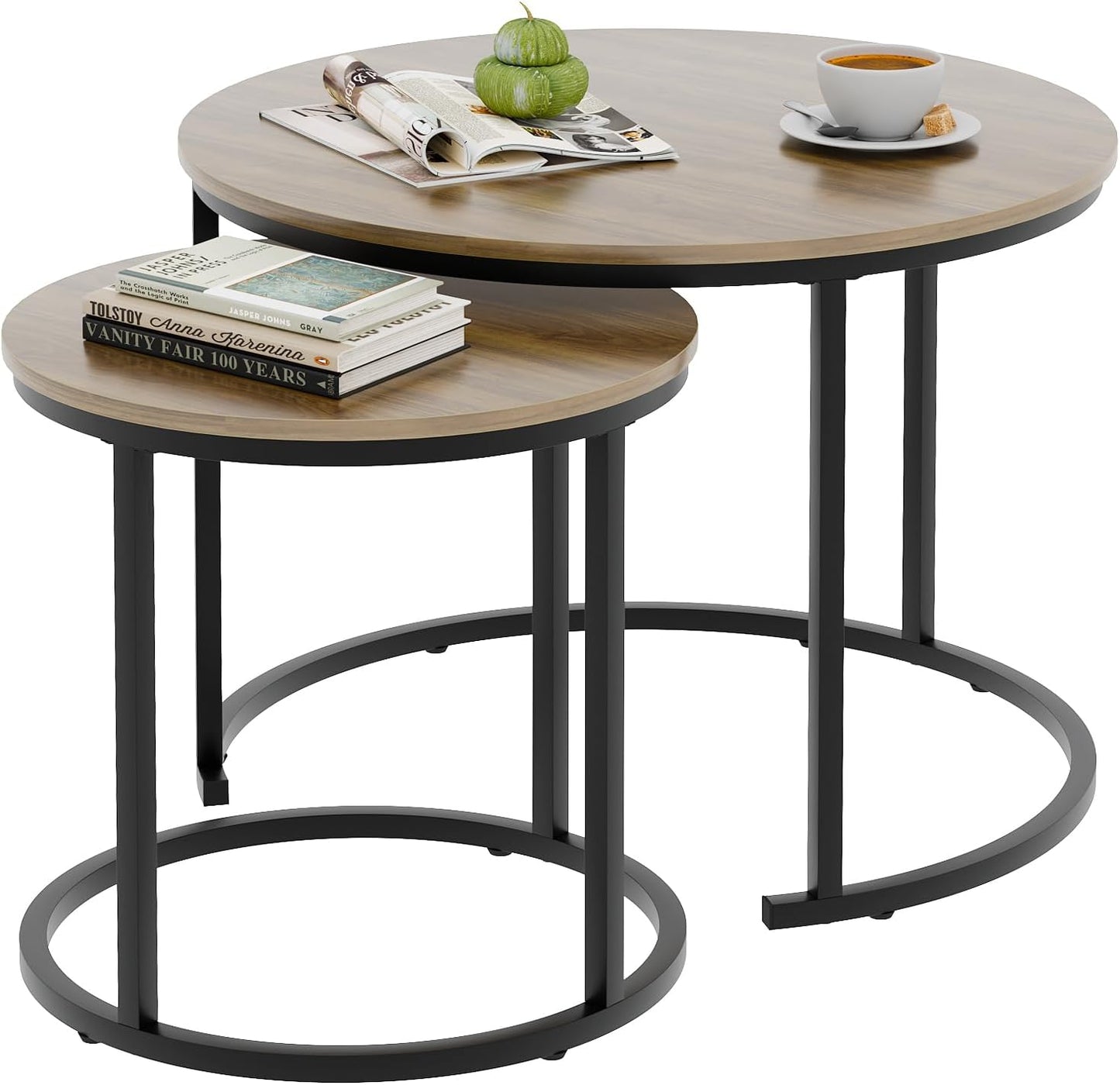 aboxoo Coffee Table Nesting Side Round Table Set of 2 End Table with Sturdy Metal Frame for Living Room Bedroom Apartment Modern Industrial Simple Nightstand,Oak