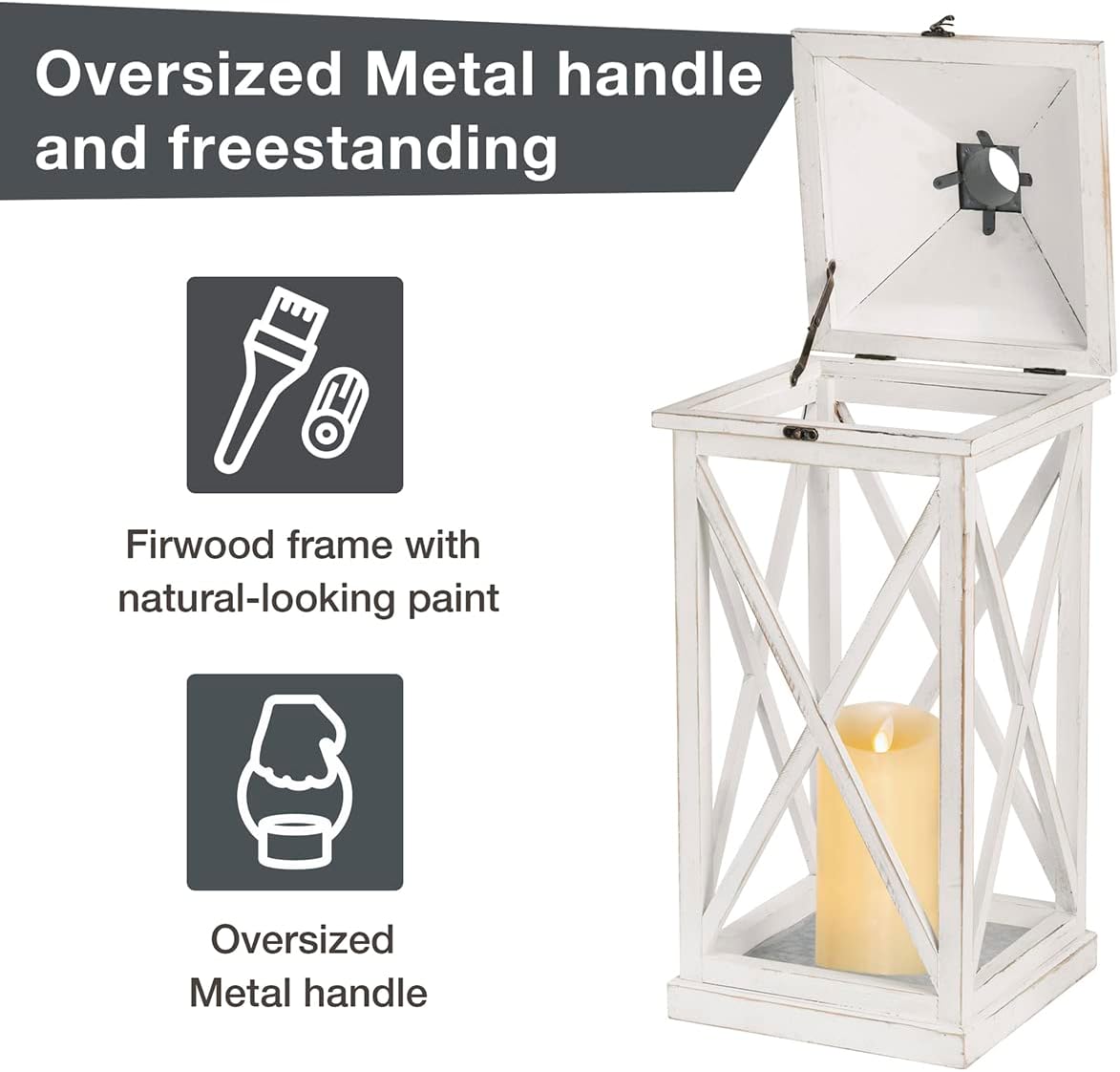 Glitzhome Mondern Farmhouse Wooden Lantern Hanging Decorative Candle Lantern for Outdoor & Indoor Wash White Set of 2 (No Glass)