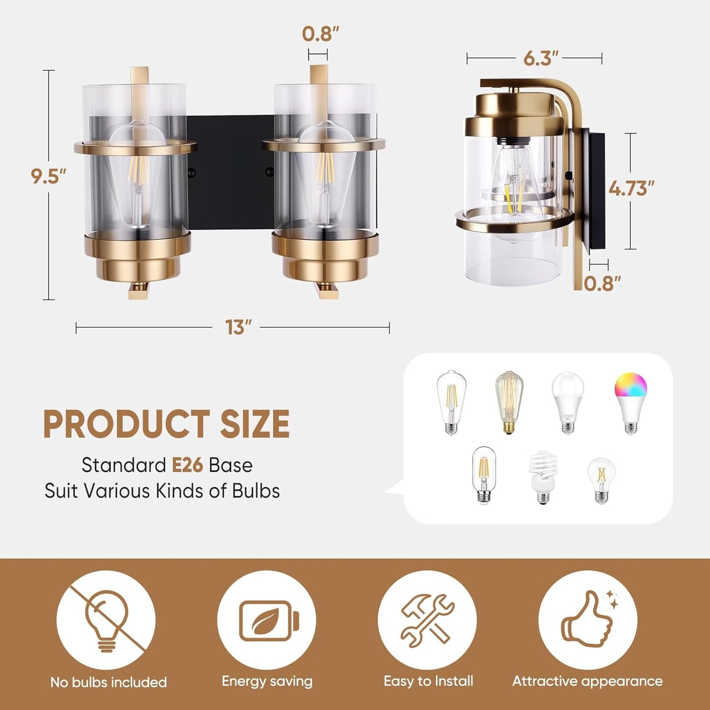 Bathroom Vanity Light Fixtures, Black Gold Vanity Lights for Bathroom 2 Lights,Gold Brushed Wall Sconce(Bulbs not Included)