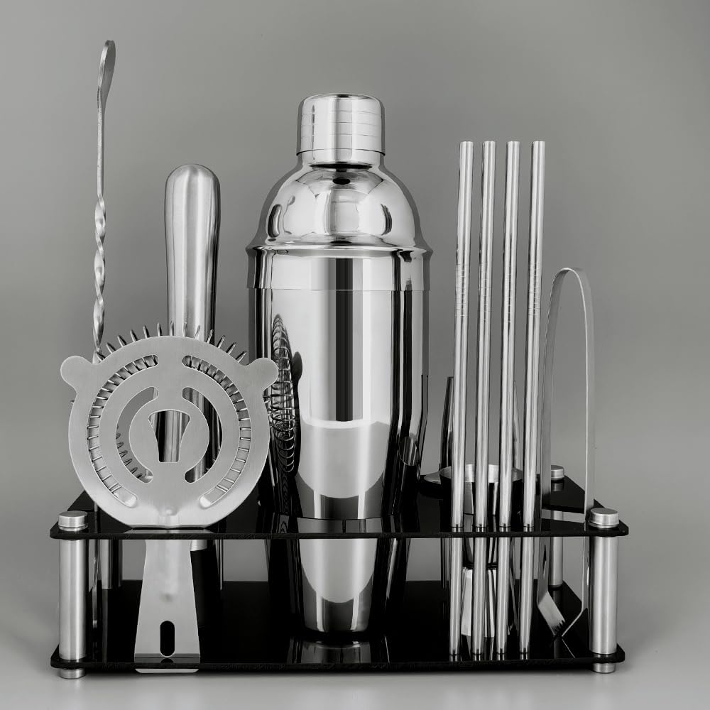 14-Piece Cocktail Shaker Set Bartender Kit with Black Stand, Bar Tool Set for Drink Mixing Bartending Kit Bar Sets Accessories: 750ml(25oz) Shaker, Jigger, Muddler, Cocktail Recipes (Silver)