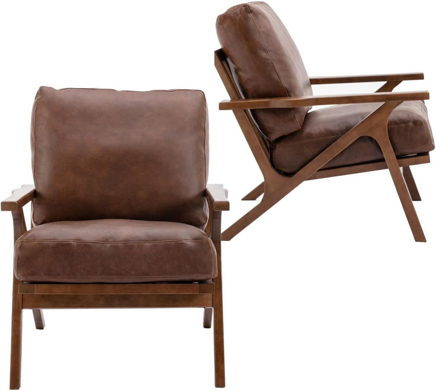 HNY Mid Century Arm Chairs Set of 2, Retro Accent Armchair with Wood Frames & Faux Leather Upholstered Removable Cushions, Leisure Reading Chair Slipper Chair for Living Room Bedroom, Brown