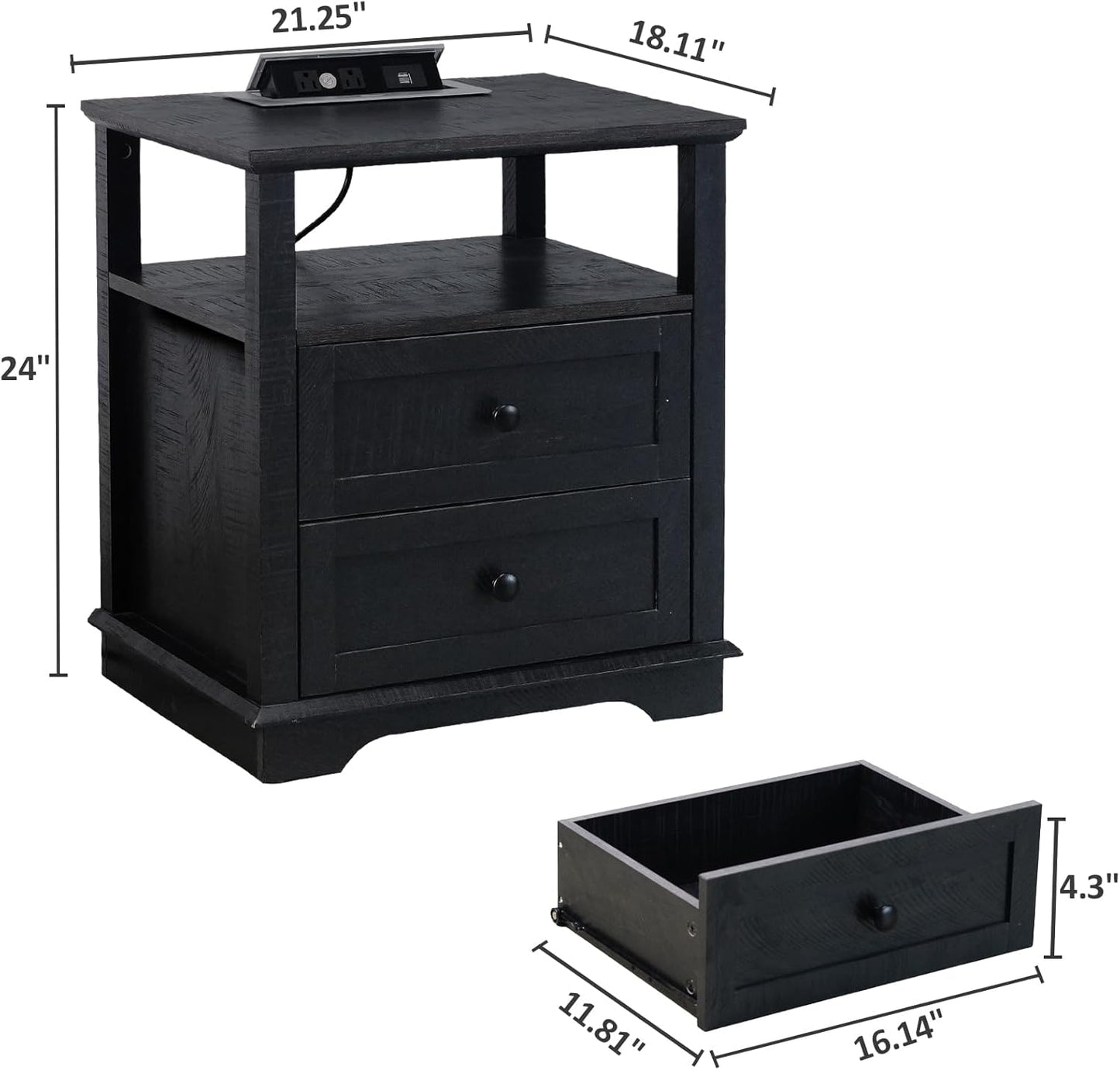 HIFYOBRO End Table with 2 Drawers and Charging Station, Type-C & USB Port & Power outlets, Wooden Storage Nightstand, Large Side Table with Storage for Living Room and Bedroom