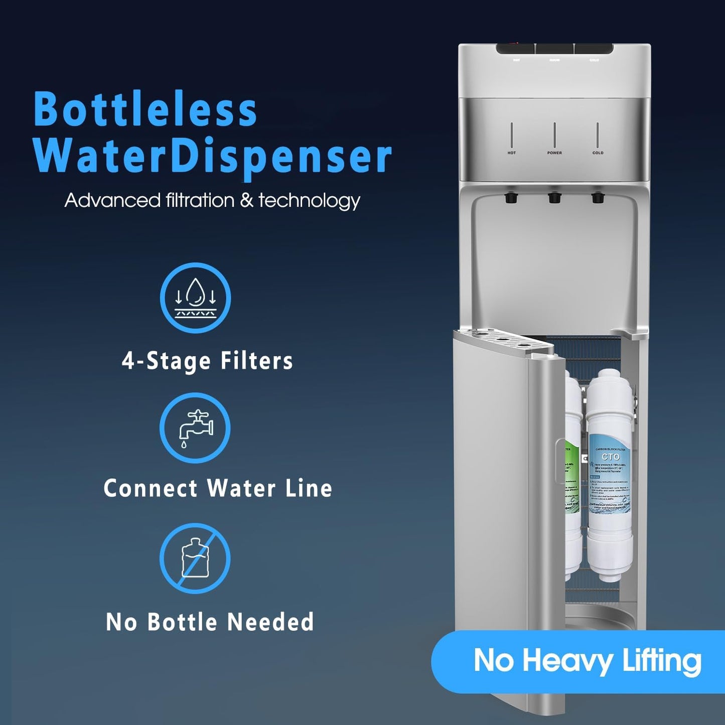 Self Cleaning Bottleless Water Cooler Dispenser with 4 Stage Water Filter 3 Temperature Settings Silver