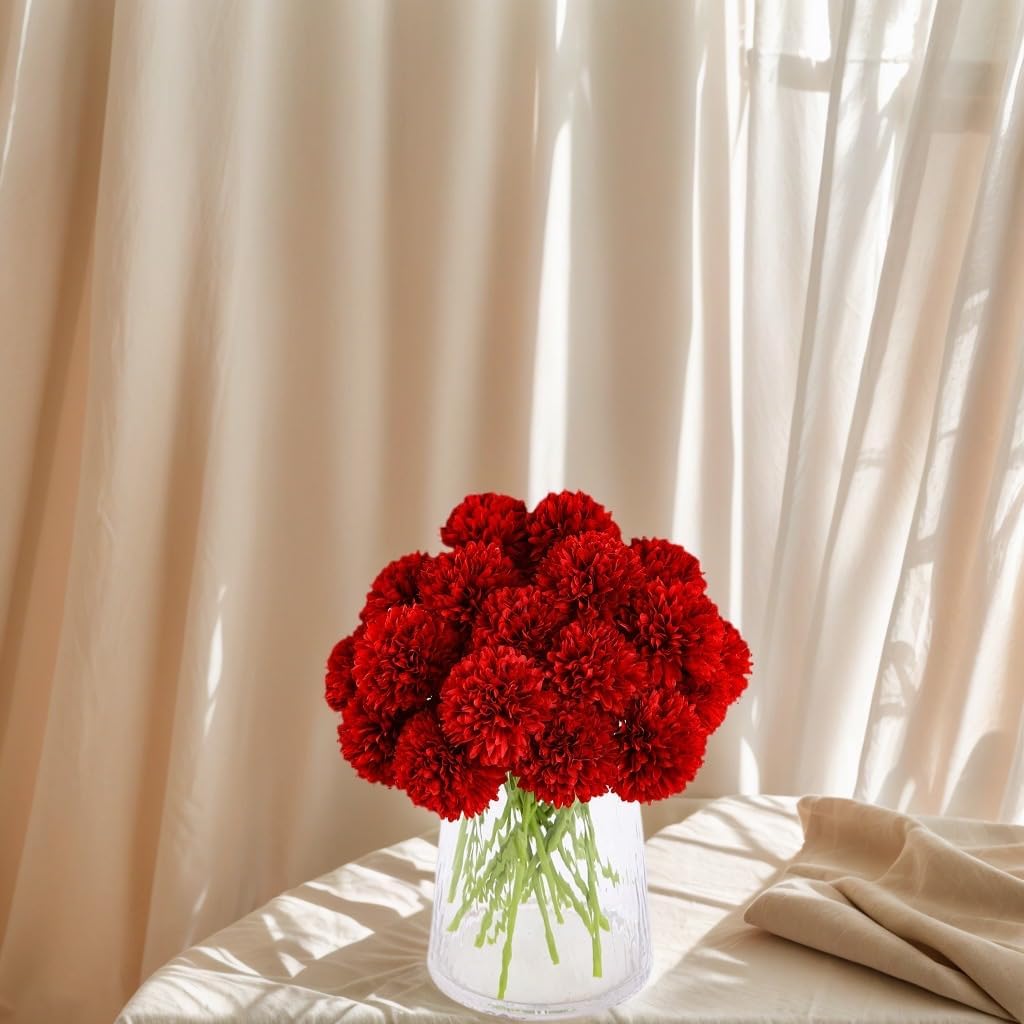 Kimura's Cabin 20pcs Fake Mums Flowers Artificial Silk Chrysanthemum Hydrangeas Ball for Wedding Arrangements Home Kitchen Party Table Centerpieces DIY Bouquets (Red)