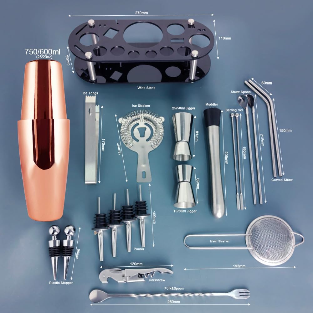 22-Piece Cocktail Shaker Set, 25/20oz Bartender Kit, Bartending Stainless Steel Bar Tools Sets for Drink Mixing, Boston Cocktail Shakers with Stand Recipes Booklet (Rose Gold-25-20oz)
