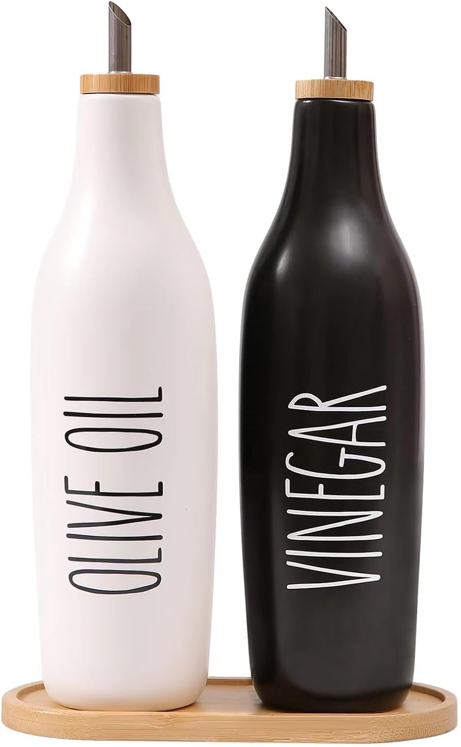 HOMCDALY Olive Oil and Vinegar Dispenser Set, 16oz Ceramic Oil Dispenser for Kitchen, Kitchen Dispenser Bottle for EVOO Vinegar Syrups, Modern Farmhouse Design| Set of 2 – P-Black&White