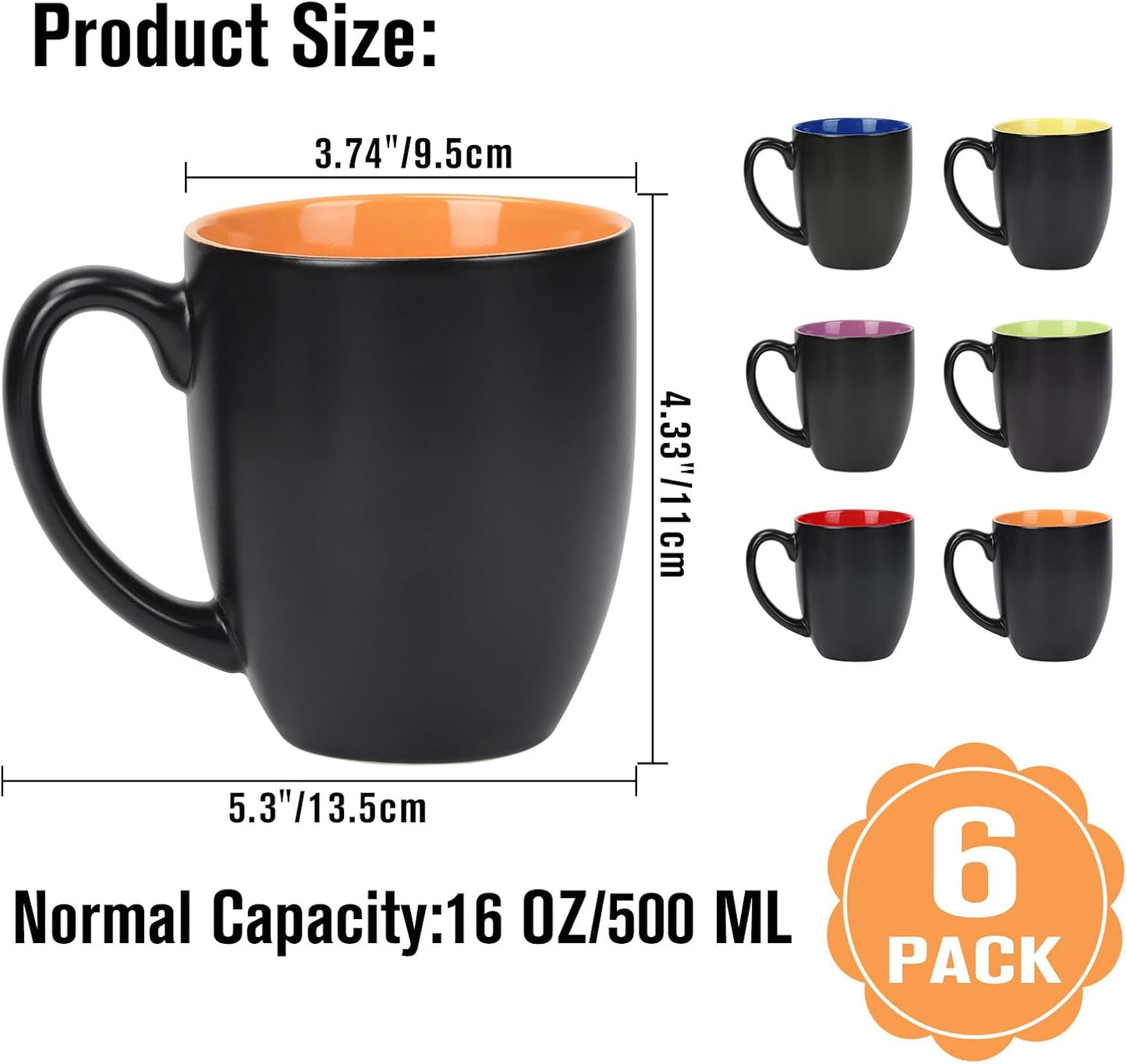 16 OZ Stoneware Coffee Mug Set of 6, Black Ceramic Mug with Different Color Inside, Colorful Porcelain Mug with Handle for Latte Espresso Cappuccino