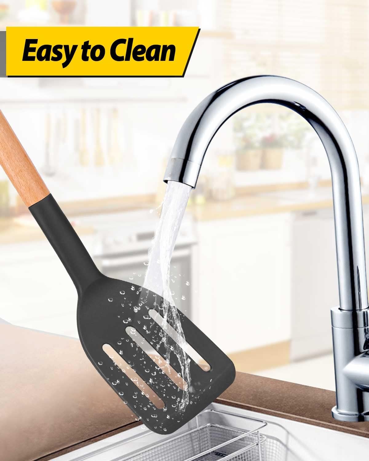 Pack of 2 Silicone Cooking Spatula, Heat Resistant Solid Turner, Non Stick Slotted Spatulas with Wooden Short Handle,Ideal Wood Kitchen Utensils Set for Frying, Baking, Flipping, Turning