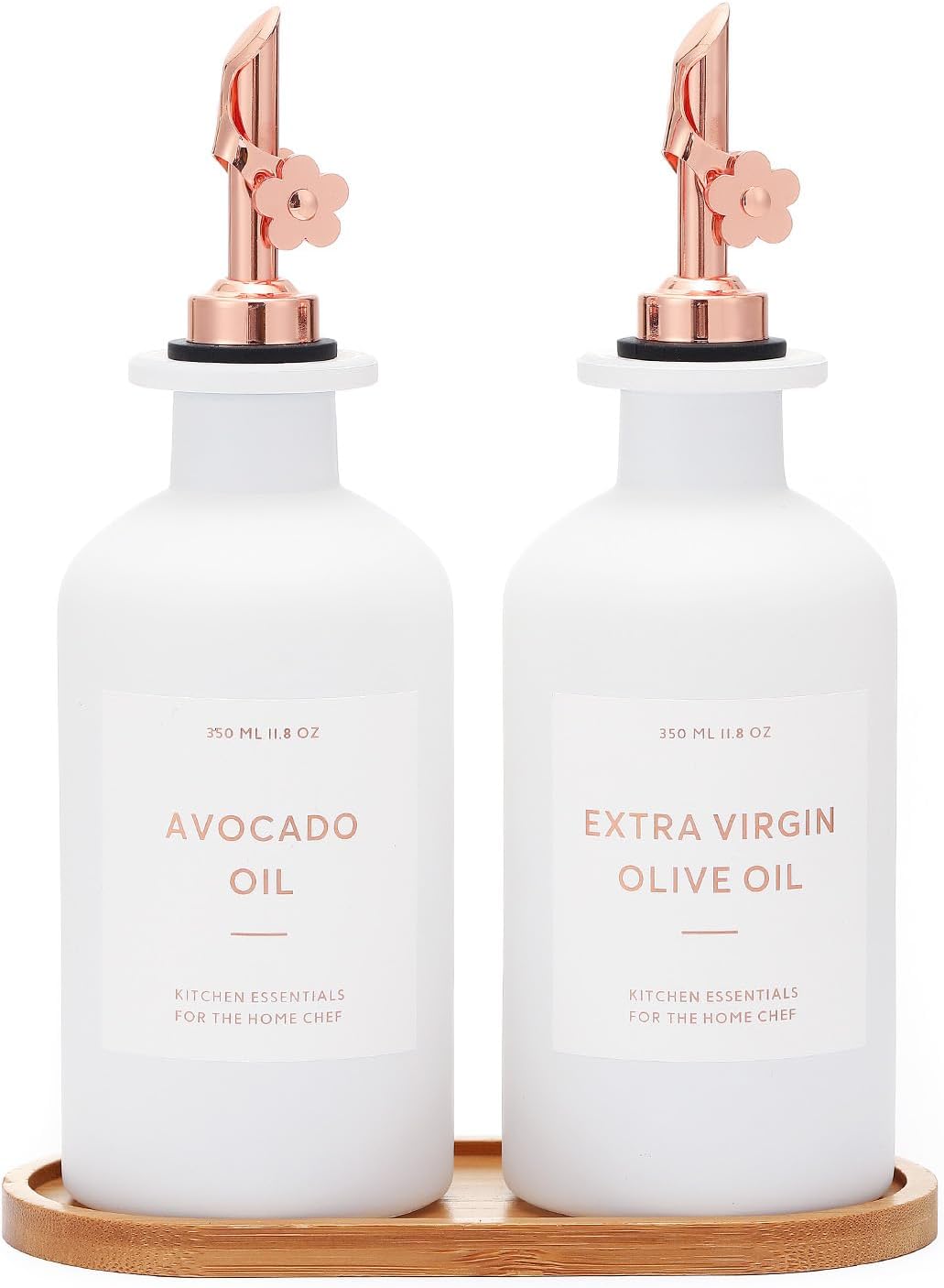 HOMCDALY Olive Oil Dispenser for Kitchen, 11.8oz Glass kitchen Dispenser Bottle, Rose Gold Oil&Vinegar Cruet Set, Leakproof Oil Containers for Cooking, Kitchen Decor | Set of 2 (11.8oz – Rose Gold)