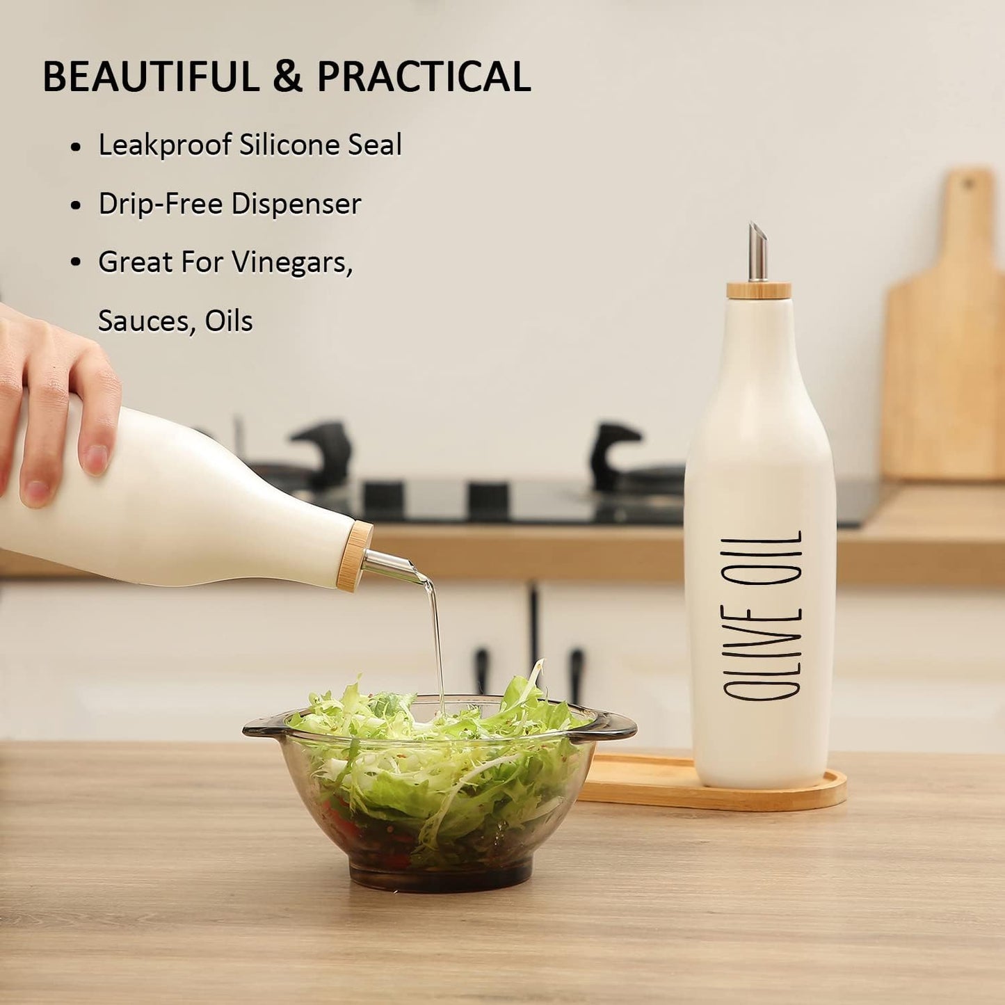 HOMCDALY Ceramic Olive Oil Dispenser for Kitchen, Stoneware 16oz Oil Cruet and Vinegar Bottles Dispenser, Kitchen Dispenser Bottle for EVOO Vinegar Syrups, Modern Farmhouse Design(W-O)