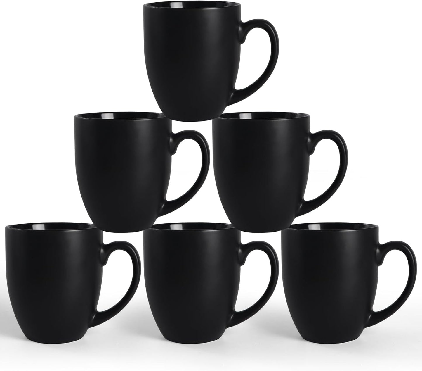 16 OZ Black Stoneware Mugs Set of 6, Large Ceramic Coffee Cups with Handle, Porcelain Mugs for Latte, Milk, Tea and Juice