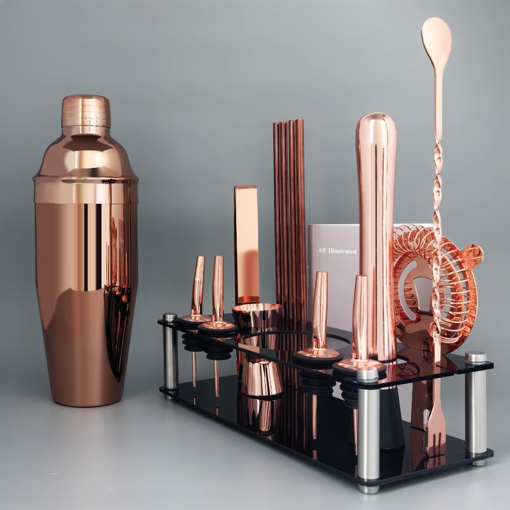 14-Piece Cocktail Shaker Set Bartender Kit with Black Stand, Bar Tool Set for Drink Mixing Bartending Kit Bar Sets Accessories: 750ml(25oz) Shaker, Jigger, Muddler, Cocktail Recipes (Rose Gold)