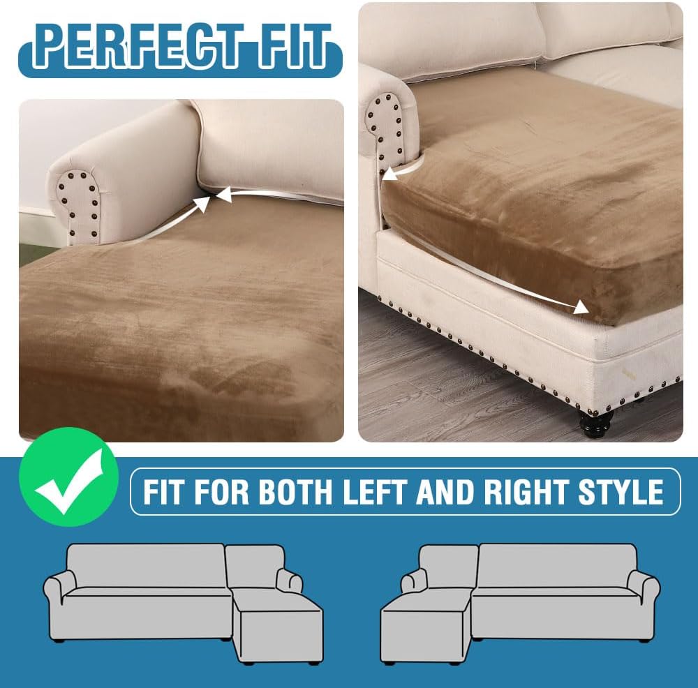 H.VERSAILTEX Velvet Stretch Individual Chaise Cover Sectional Couch Covers for L Shaped Sofa Both Left/Right Furniture Protector Seat Cushion Sofa Cover (1 Piece Chaise Cover, Camel)