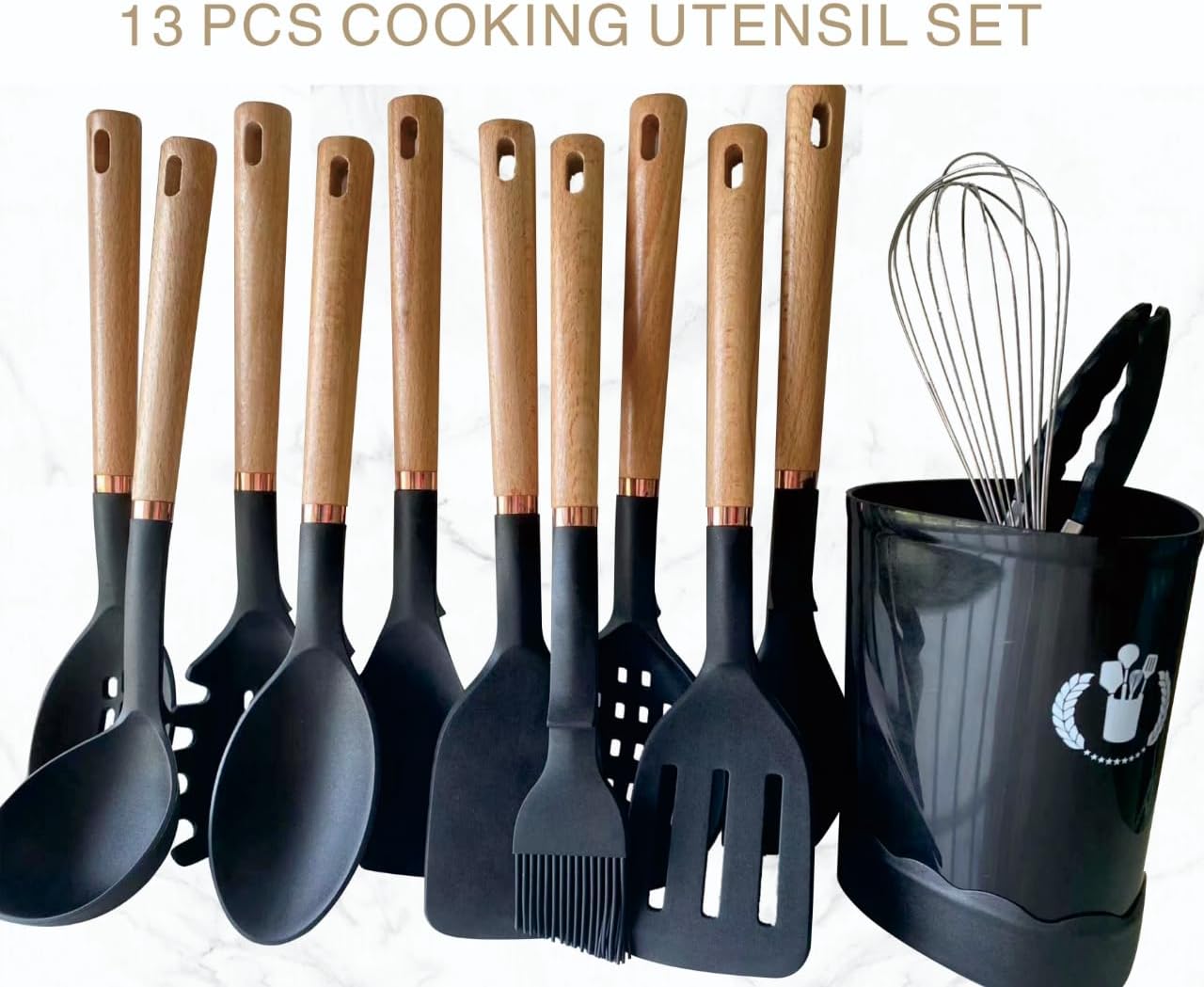 13-Piece silicone utensil set wood handle nonstick cookware safe dishwasher safe kitchen tools BPA free heat resistant (450°F/230°C) ceramic pan safe cooking gifts housewarming (Black)