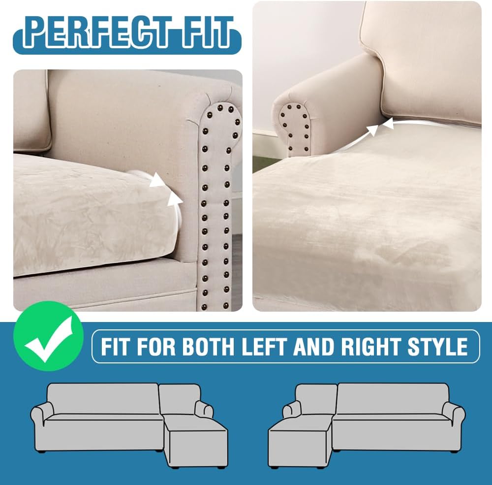 H.VERSAILTEX Velvet Stretch Sectional Couch Covers - 4 Piece Sofa Seat Cushions for L Shape Sectional Couch (Large 3 Seater + 1 Chaise, Ivory)