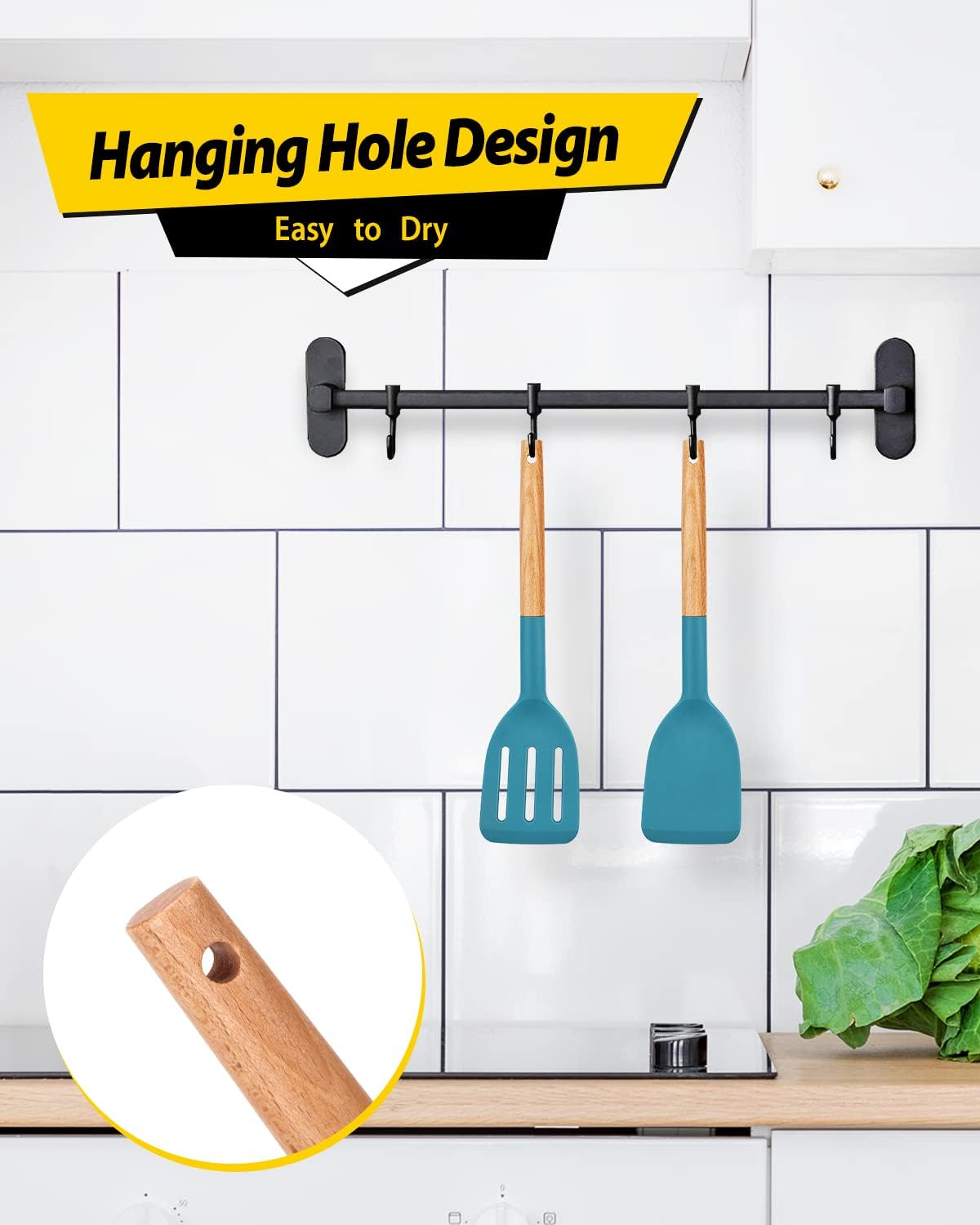 Pack of 2 Silicone Cooking Spatula, Heat Resistant Solid Turner, Non Stick Slotted Spatulas with Wooden Short Handle,Ideal Wood Kitchen Utensils Set for Frying, Baking, Flipping, Turning