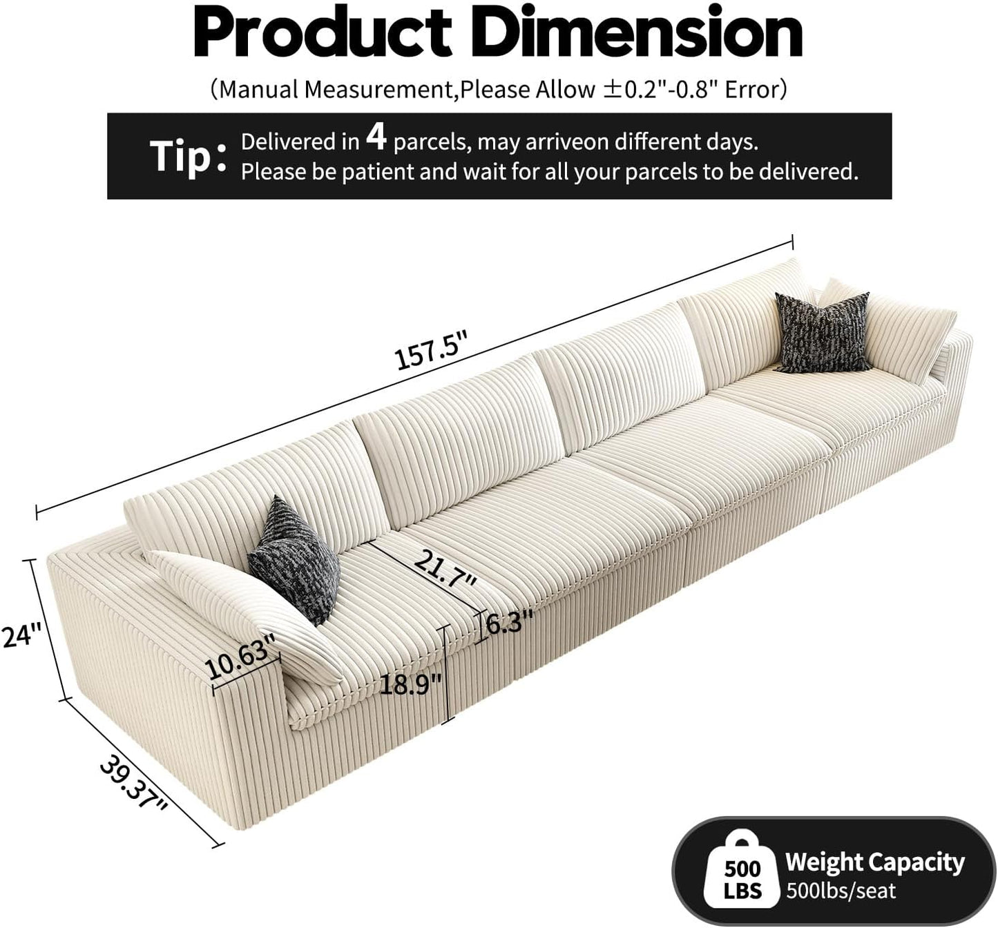 157.5" Cloud Couch Modular Sectional Sofa for Living Room,Modern Sofa with Deep Seat,4 Seater Boneless Couch,Comfy Upholstered Corduroy Couches for Apartment, Studio, Office,Bedroom,White