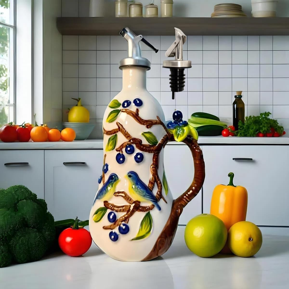 18 Oz Hand Painted Relief Ceramic Olive Oil Bottle Dispenser for Kitchen, Oil and Vinegar Bottle, Seasoning Bottle with Stainless Steel Nozzle, 540mL Oil Container with Handle for Cooking, Light Proof