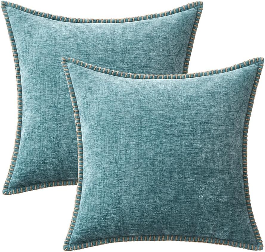 MIULEE Pack of 2 Couch Throw Pillow Covers 18x18 Inch Coastal Smoke Blue Farmhouse Decorative Pillow Covers with Stitched Edge Soft Chenille Solid Dyed Spring Pillow Covers for Sofa Bed Living Room