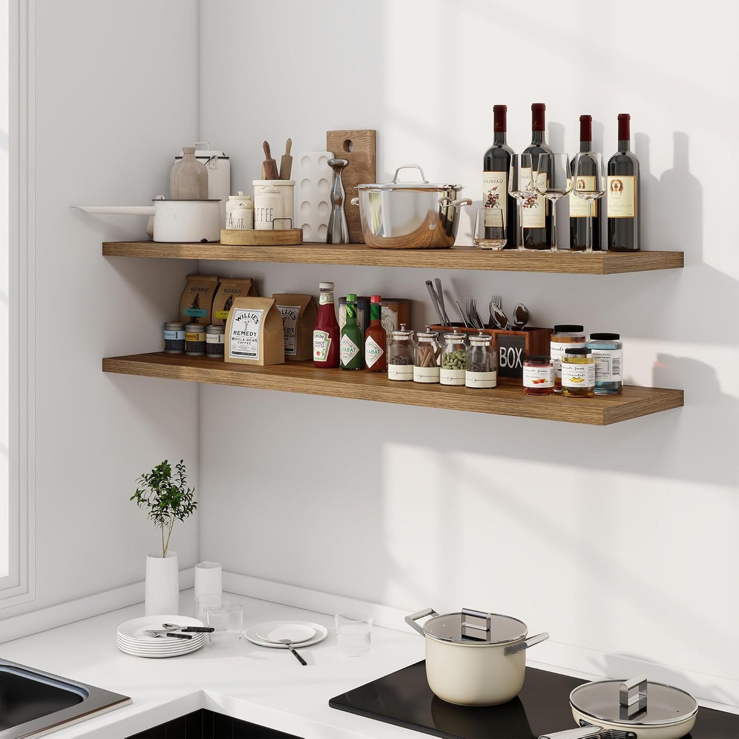 55" Floating Shelves for Wall, 12" Deep Slim Walnut Floating Shelves, Wall-Mounted Shelves for Bedroom, Living Room, Kitchen, Bathroom - Set of 2