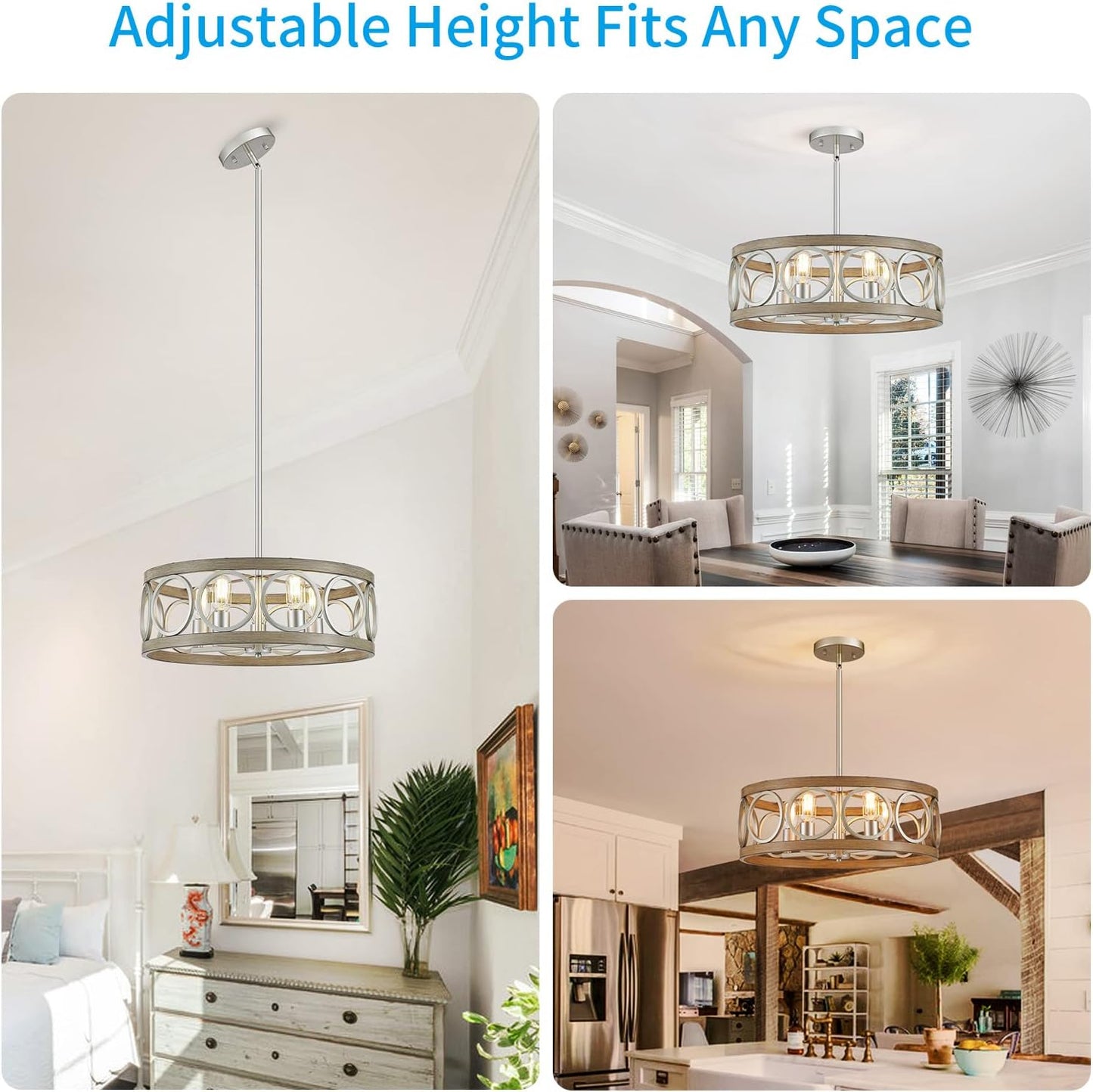 XINGQI 21.7'' Modern Farmhouse Chandelier Drum Pendant Lighting Fixture Hanging Ceiling Lamp for Living Dining Room Over Table, 5 Lights Antique Wood Grain Brushed Nickel with Round Metal