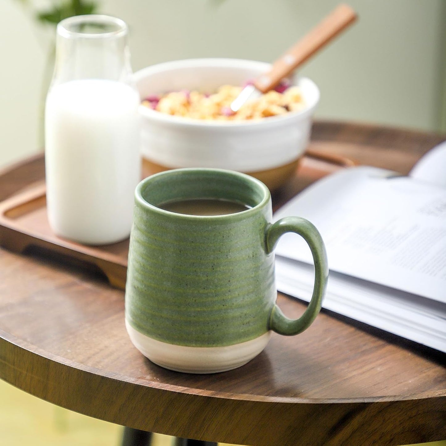 Hasense Stoneware Coffee Mugs Set of 6, 15 Oz Large Coffee Cups with Handle, Tea Mugs for Men and Women, Modern Coffee Mug for Cappuccino, Milk, Cocoa, Microwave & Dishwasher Safe, Green