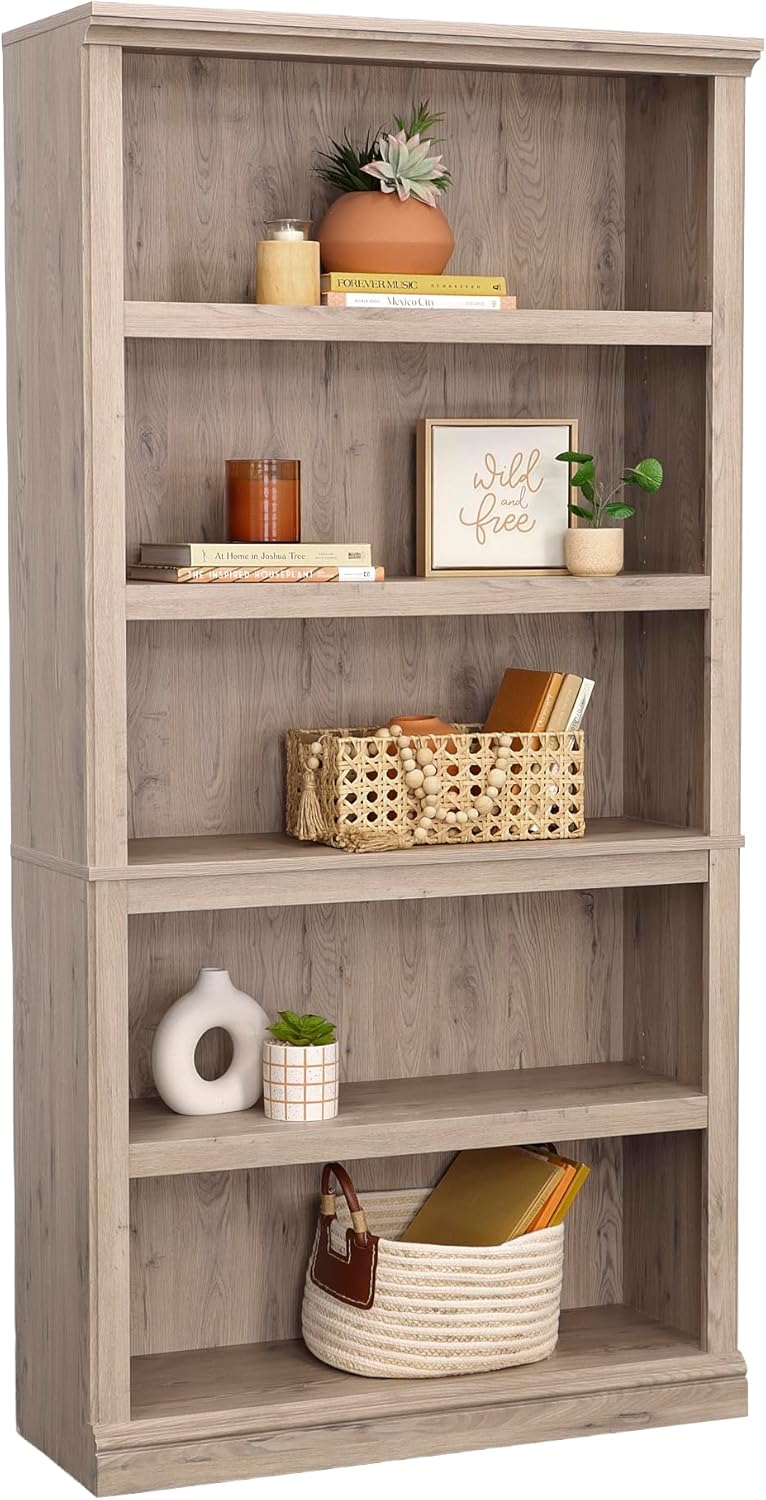Sauder 5 Tier Book Shelf Wooden Bookcase Multipurpose Bookshelf for Home Office, Living Room, in Laurel Oak