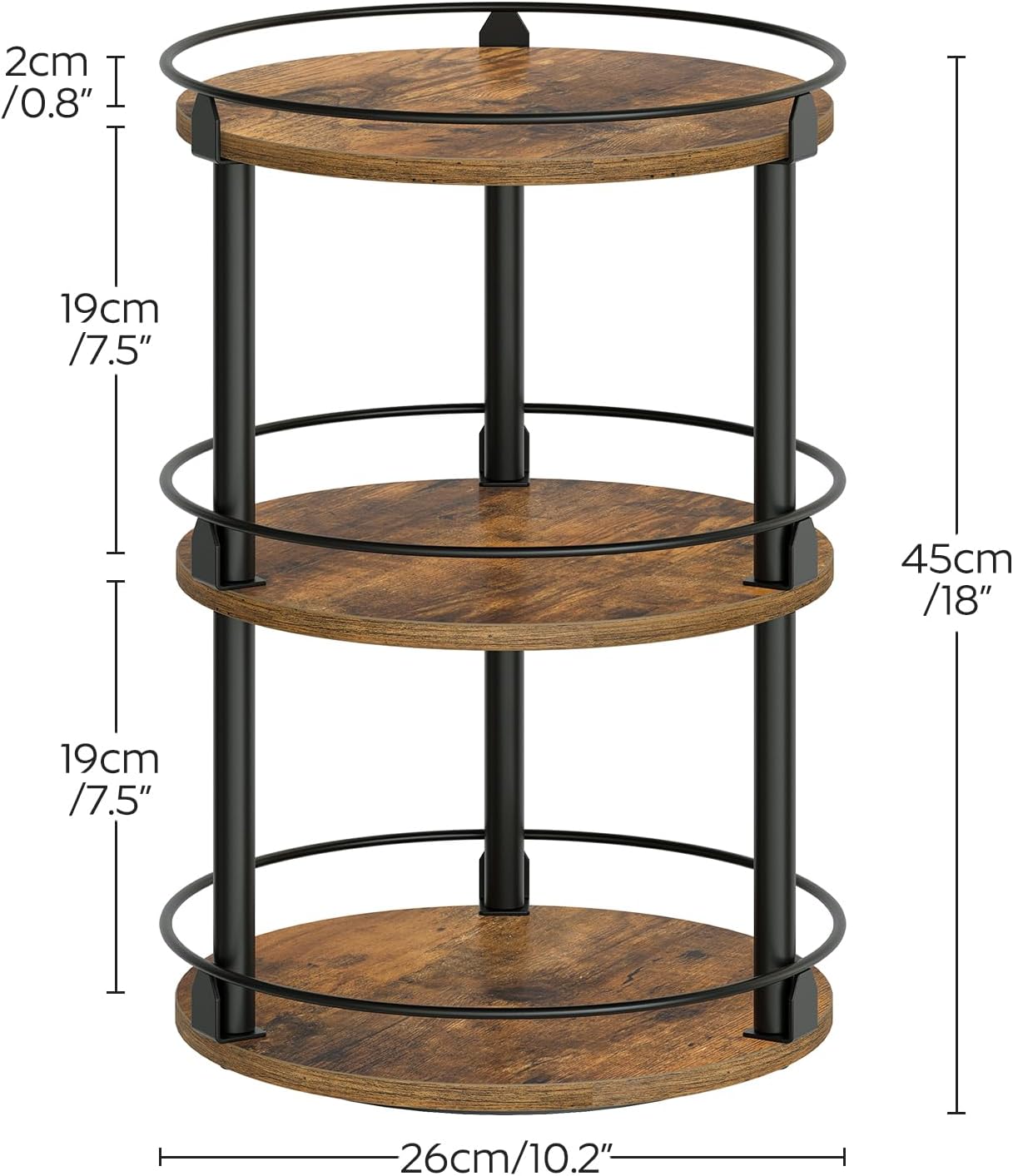 3-Tier Lazy Susan Organizer, Rotating Spice Rack, Spinning Organizer, Industrial Turntable Spice Rack Organizer for Cabinet, Kitchen Countertop, Pantry, Rustic Brown and Black SR23BR