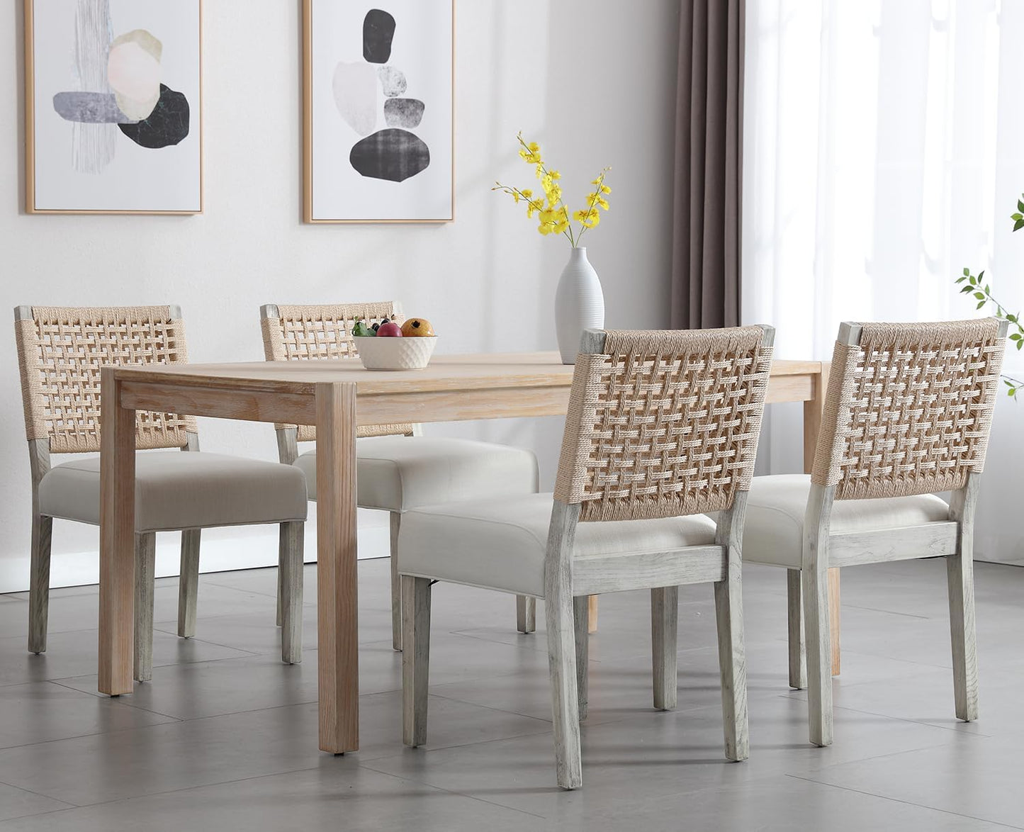 Kmax Farmhouse Dining Chairs Set of 2, Rustic Kitchen Chairs with Linen Fabric Seat and Woven Back, Vintage Accent Chairs for Dining Room, Living Room, Ivory