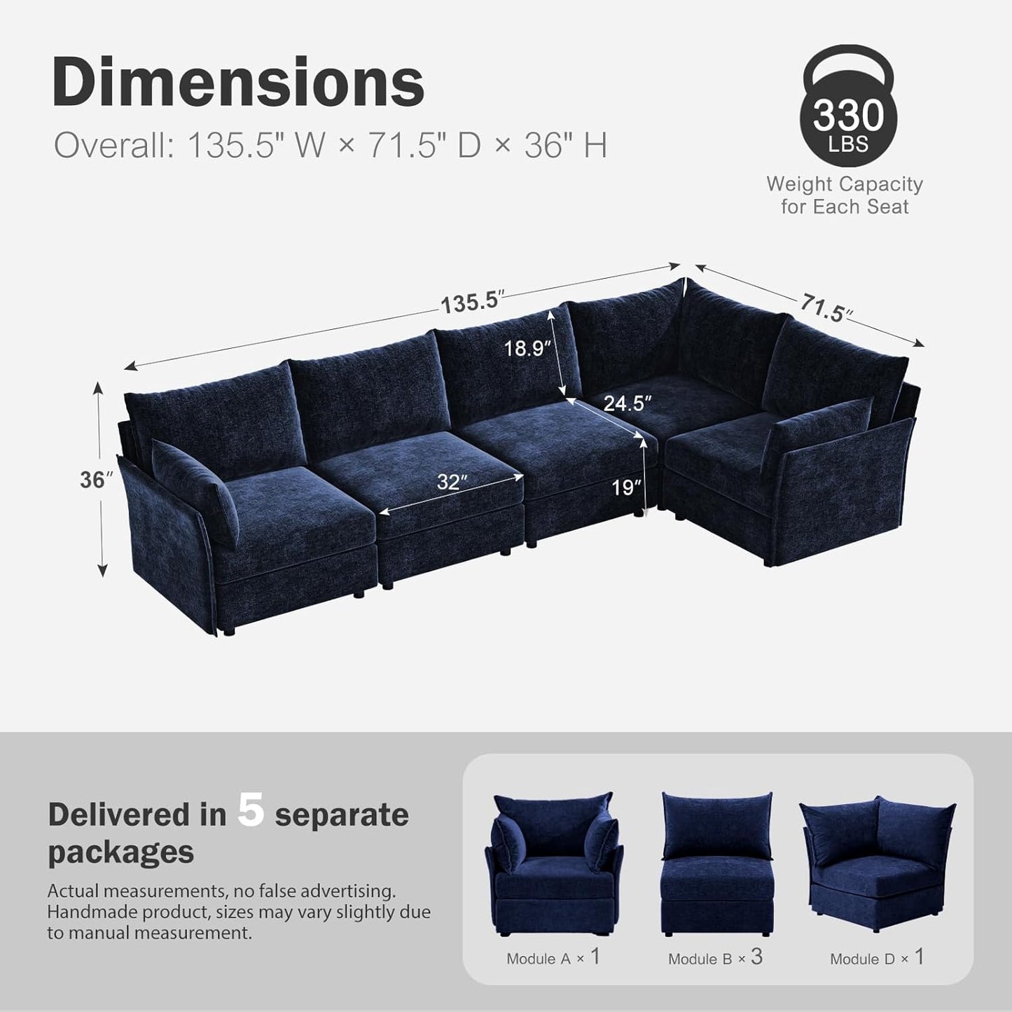 135.5" Oversized Modular Sectional Sofa, L Shaped Convertible Couch with Movable Ottoman, 5 Seat Corner Couches for Living Room Deep Seat Blue Chenille