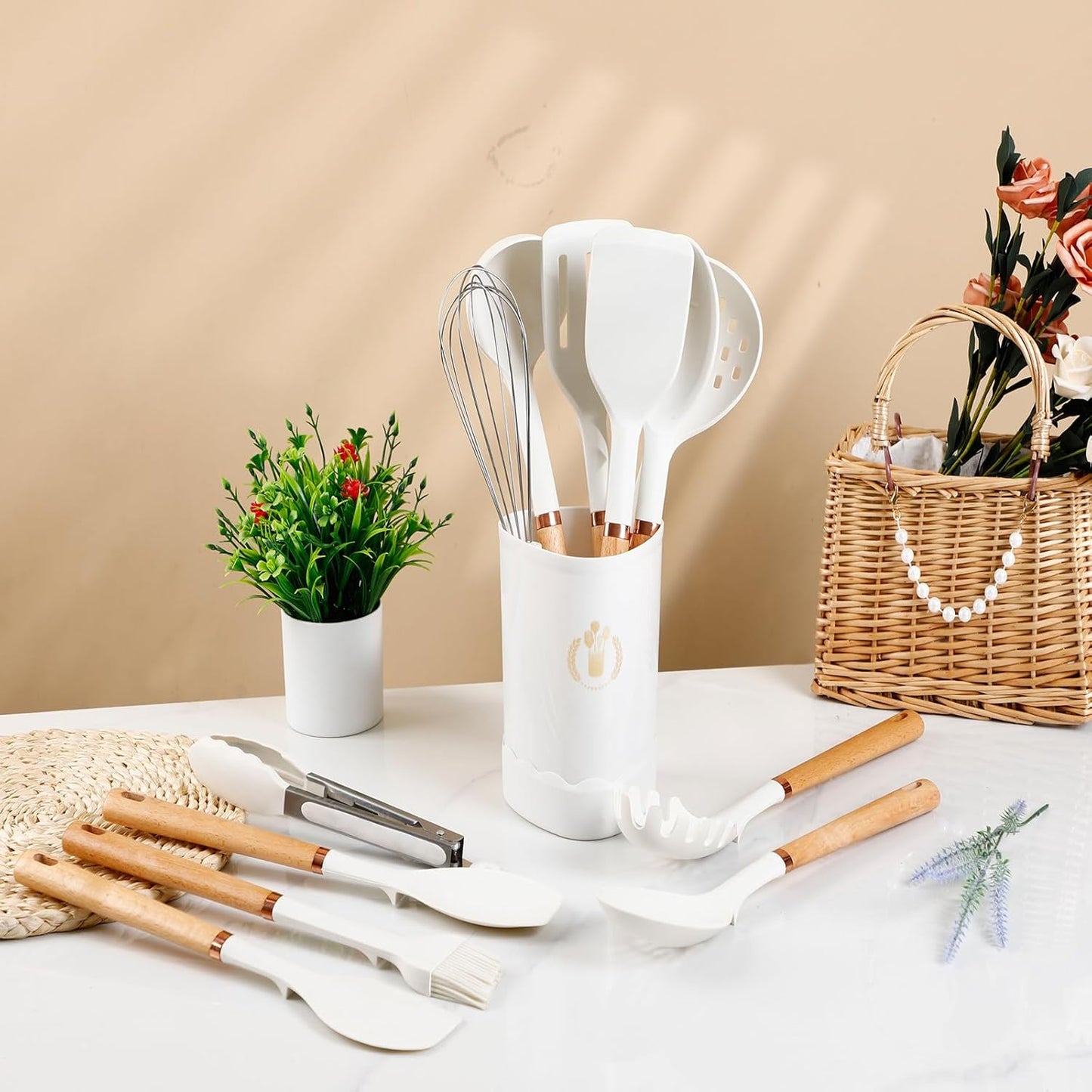 13-Piece silicone utensil set wood handle nonstick cookware safe dishwasher safe kitchen tools BPA free heat resistant (450°F/230°C) ceramic pan safe cooking gifts housewarming (White)