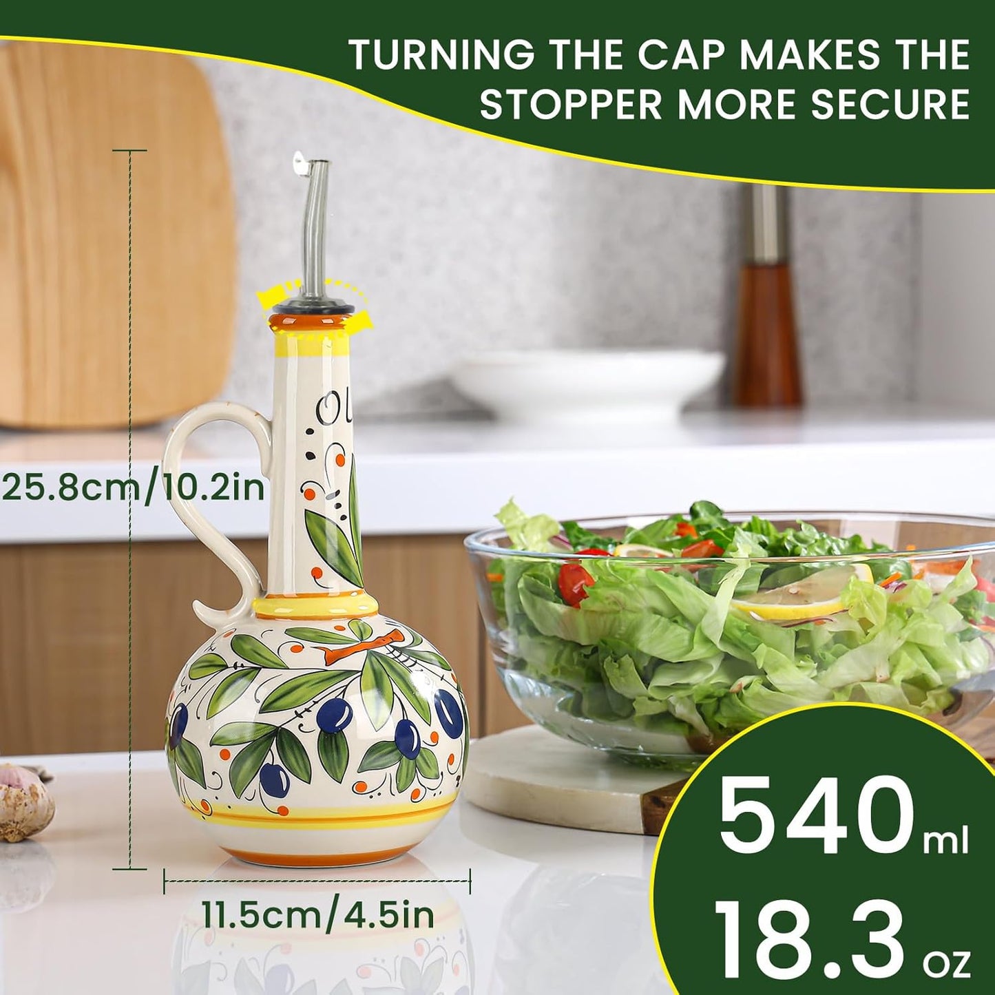 18 oz Ceramic Olive Oil Dispenser Bottle for Kitchen, Large Capacity Oli and Vinegar Cruet with Stainless Steel Spout, 540 ml Oil Container with Handle for Cooking Preventing, Vinegar Cruet