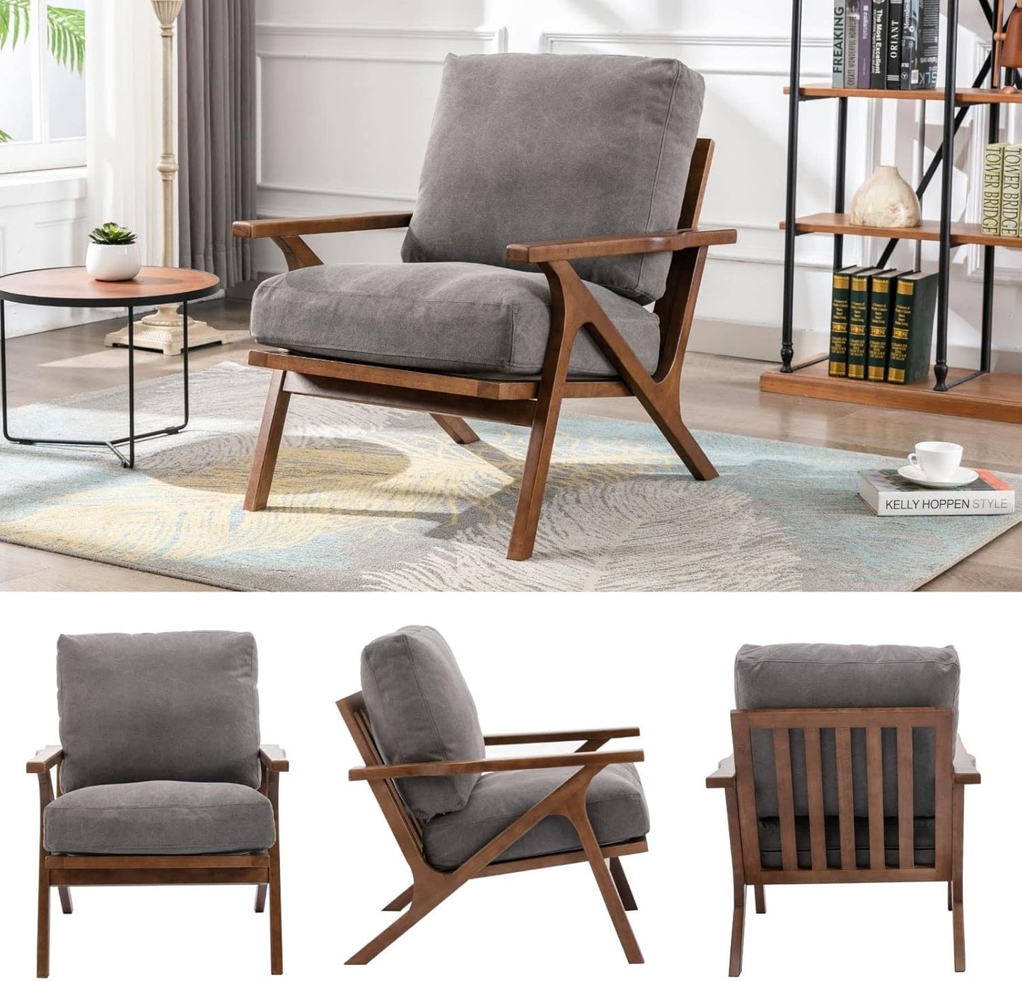 HNY Mid Century Arm Chair, Upholstered Accent Armchair with Wood Frame and Canvas Cushions, Leisure Reading Chair Slipper Chair for Living Room, Bedroom, Gray