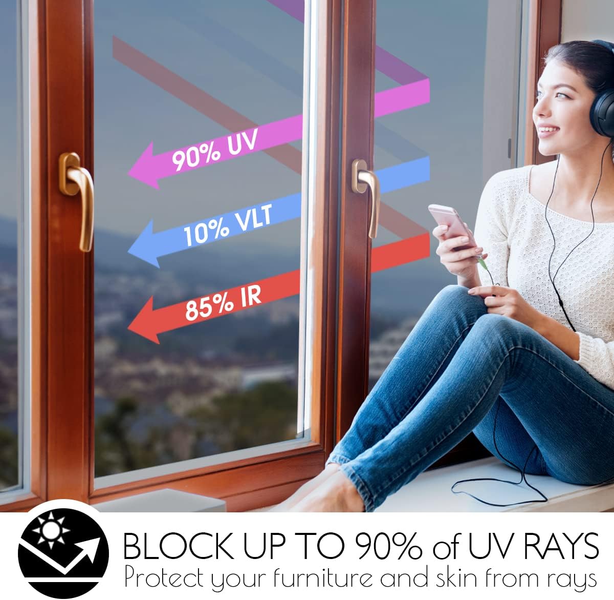 HIDBEA One Way Privacy Window Film, Daytime Mirror Reflective Heat Control UV Sun Blocking Non-Adhesive Static Cling Window Tint for Home and Office (Black-Silver, 35.4 Inch x 32.8 Feet)