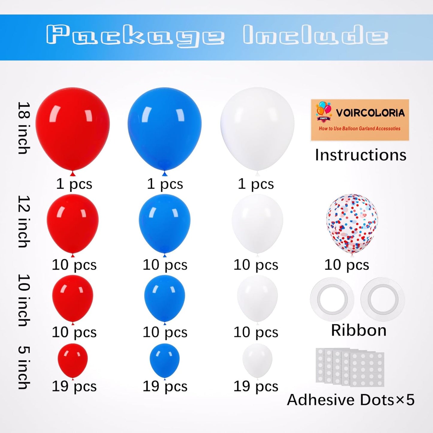 130pcs Red White Blue Balloons Different Sizes 18" 12" 10" 5" Party Latex Balloons for Birthday Graduation 4th of July Independence Day Anniversary New Year Holiday Party Decorations