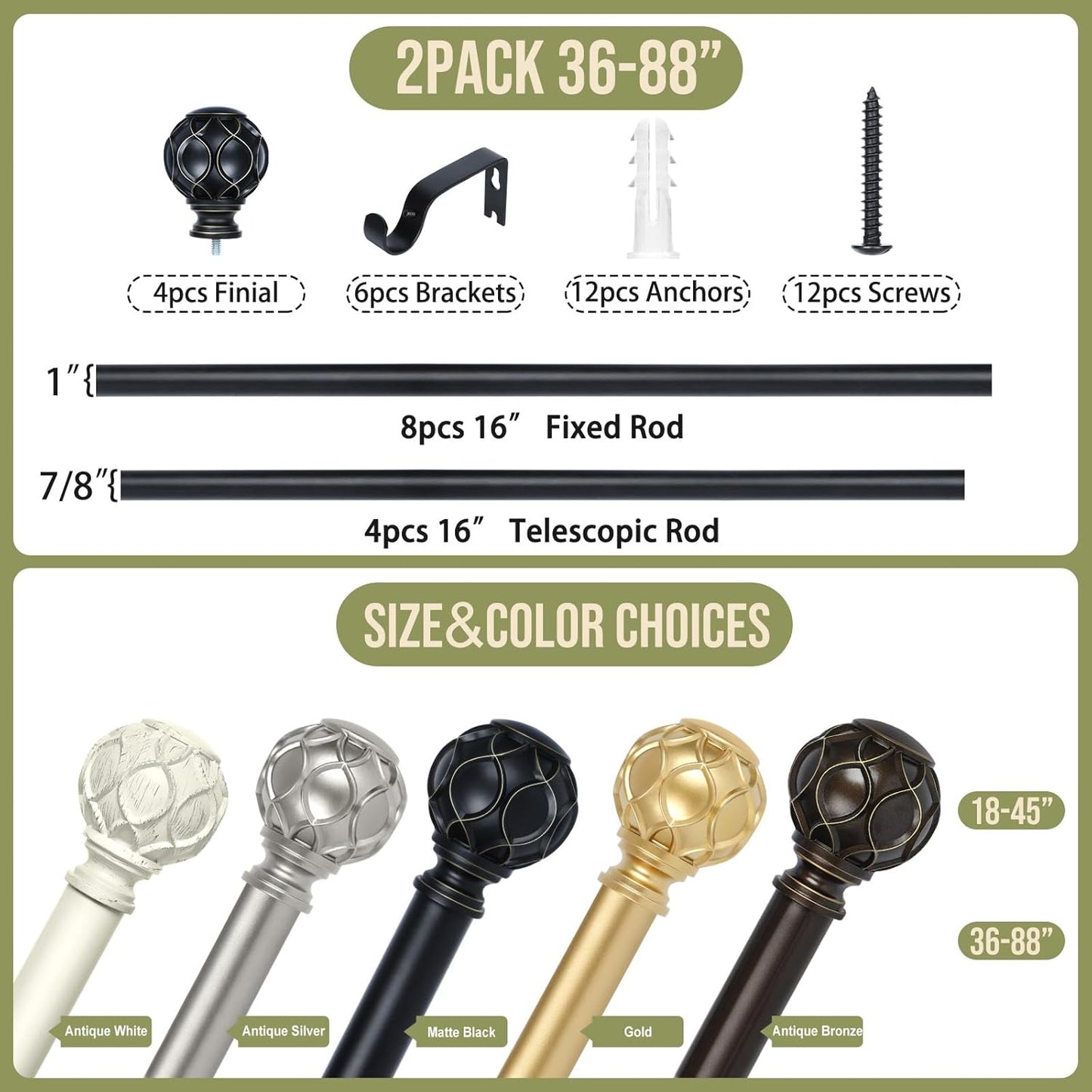 Black Adjustable Curtain Rods for Windows:Farmhouse Heavy Duty Curtain Rod for Bedroom Living Room,Boho Decorative Rustic Drapery Rods with Vintage Coastal Finials,Matte Black 2 Pack 36-88"