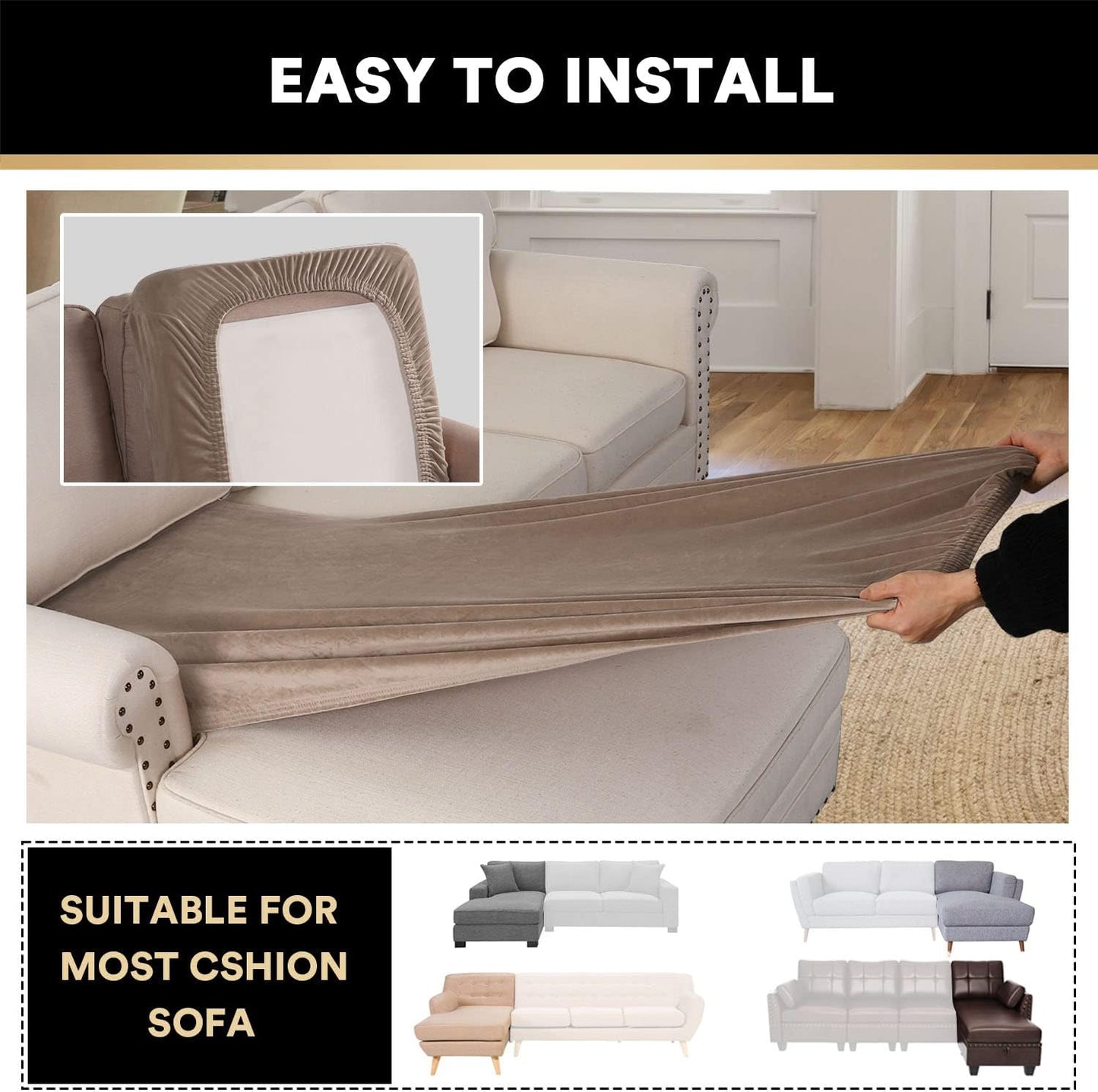 PrinceDeco Sectional Couch Covers Velvet Couch Cover for Dogs Washable L Shaped Couch Cover 1 Piece Individual Sectional Couch Covers with Elastic Bottom(Chaise Lounge,Taupe)