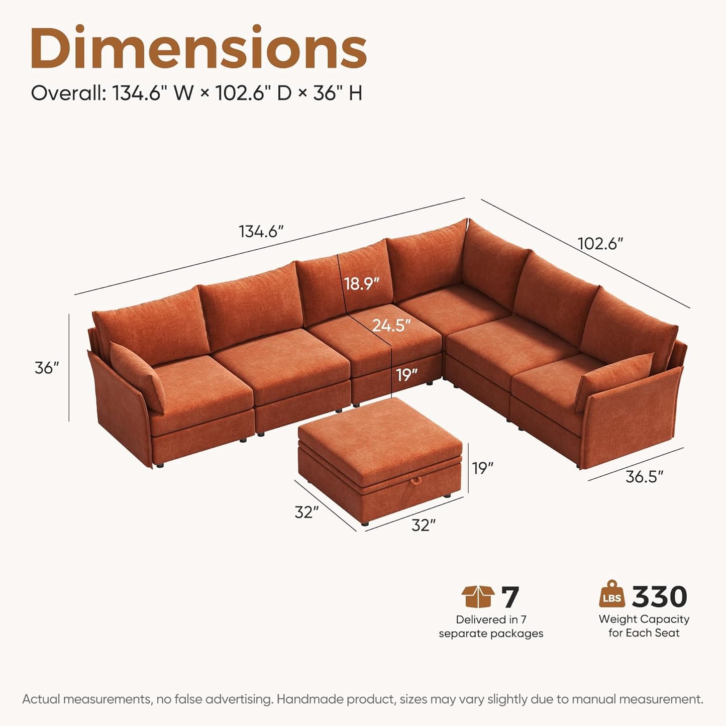 136.4" Oversized Modular Sectional Sofa, L Shaped Convertible Couch with Movable Ottoman, Large 7 Seat Corner Couches for Living Room Deep Seat Terracotta Chenille