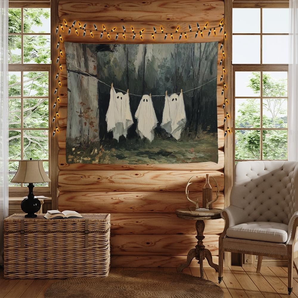 Vintage Halloween Tapestry Funny Ghosts on Clothesline Tapestry Wall Hanging Farmhouse Gothic Room Decor Spooky Ghost Prints for Dark Academia Halloween Party House Decoration Tapestries 40x60inch