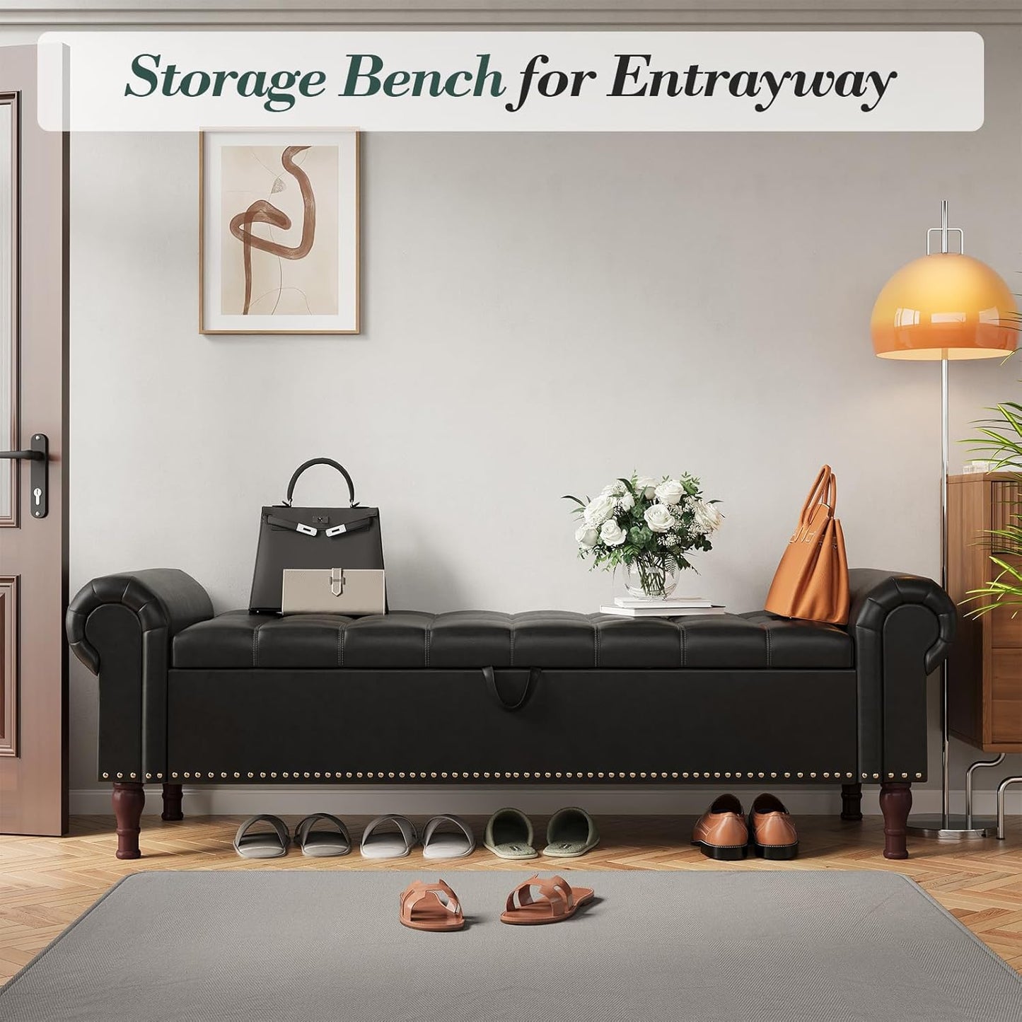 Apicizon 60”Storage Benches, Queen Size Faux Leather Bed Bench with Tufted Button, Upholstered Bench with Rolled Arm and Vintage Rivets for Foot of Bed, Living Room, Entrance,Black