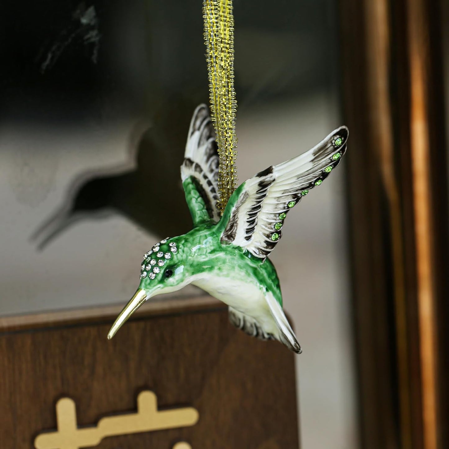 Hand Painted Enamel Hanging Hummingbird Ornament, Elegant Decorative Hanging Ornaments, Christmas Figurine Collectible Keepsake Home Decor, for Christmas Tree, Windows, Satin Ribbon (Hummingbird)