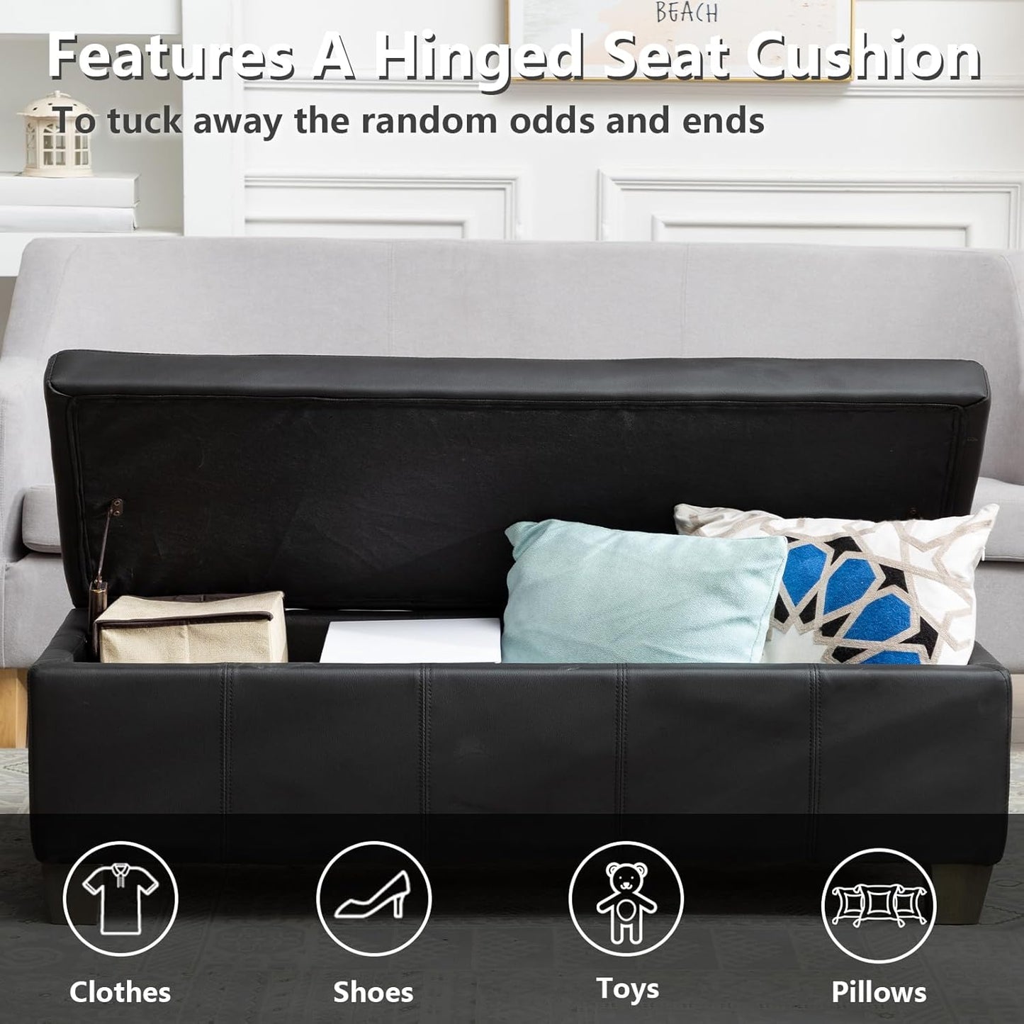 51 Inch Black Faux Leather Ottoman with Storage, Rectangular Extra Long Bench, End of Bed Bench with Large Storage for Bedroom, Living Room