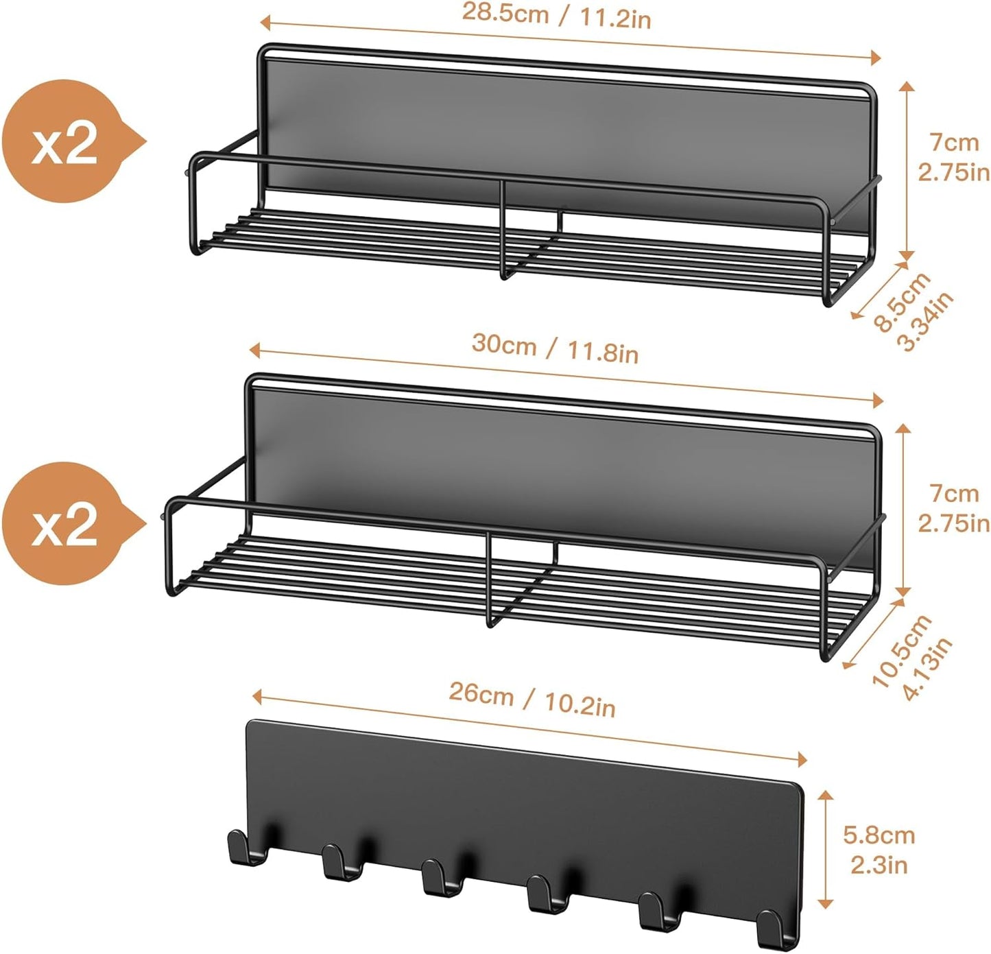 5-Pack Moveable Magnetic Spice Rack Organizer With 6 Hooks for Refrigerator, Metal Fridge Shelf, Black