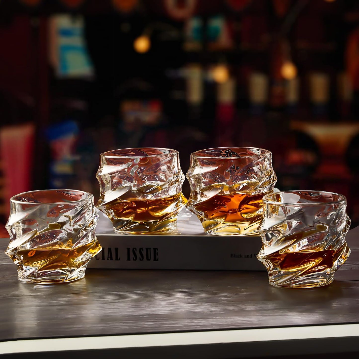 12 oz Hand Blown Crystal Whiskey Glasses Set of 4, Unique Cognac Glass, Heavy Thick Bottom Bar Glass for Scotch Bourbon Rum Gin Water Cocktail,Gifts Men Gifts Ideas