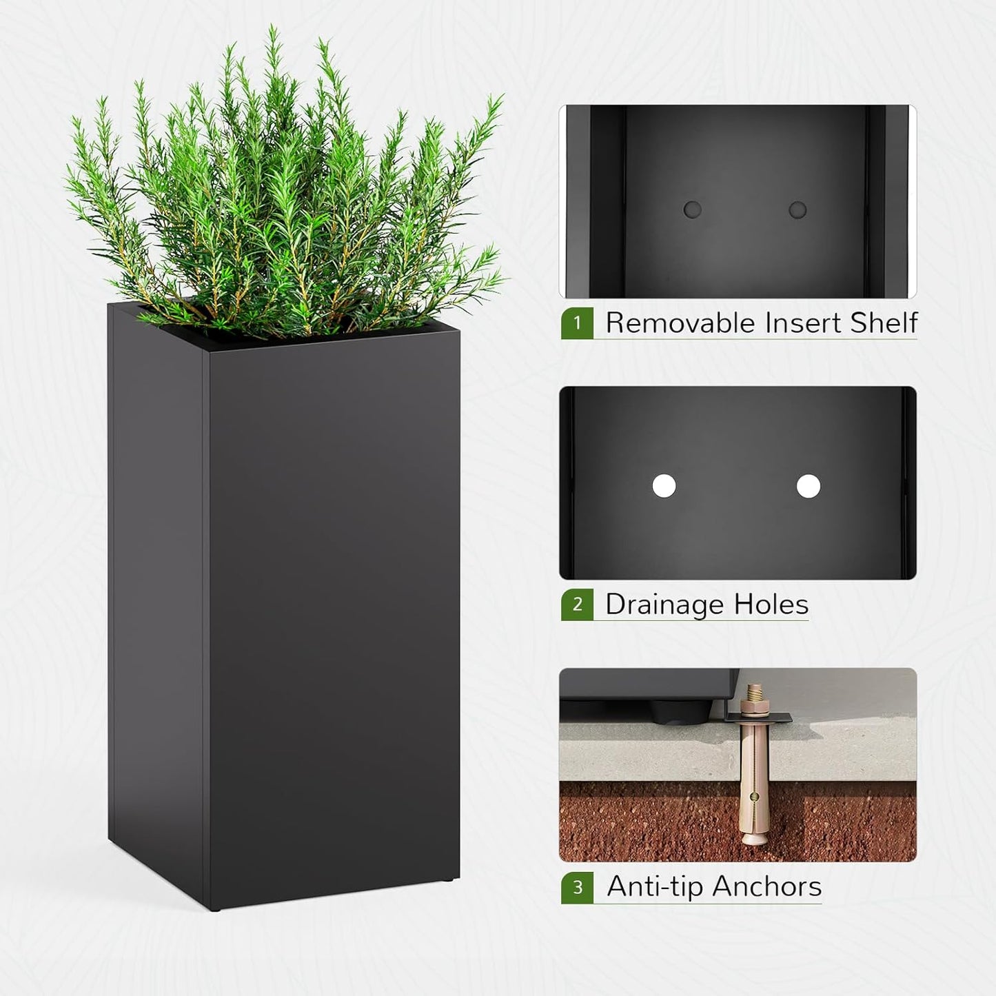 Stoog 30" Tall Planters for Outdoor Plants, All-Weather Metal Planter Boxes Set of 2, with Removable Insert Shelf, Modern Design, Indoor/Outdoor Use, Black
