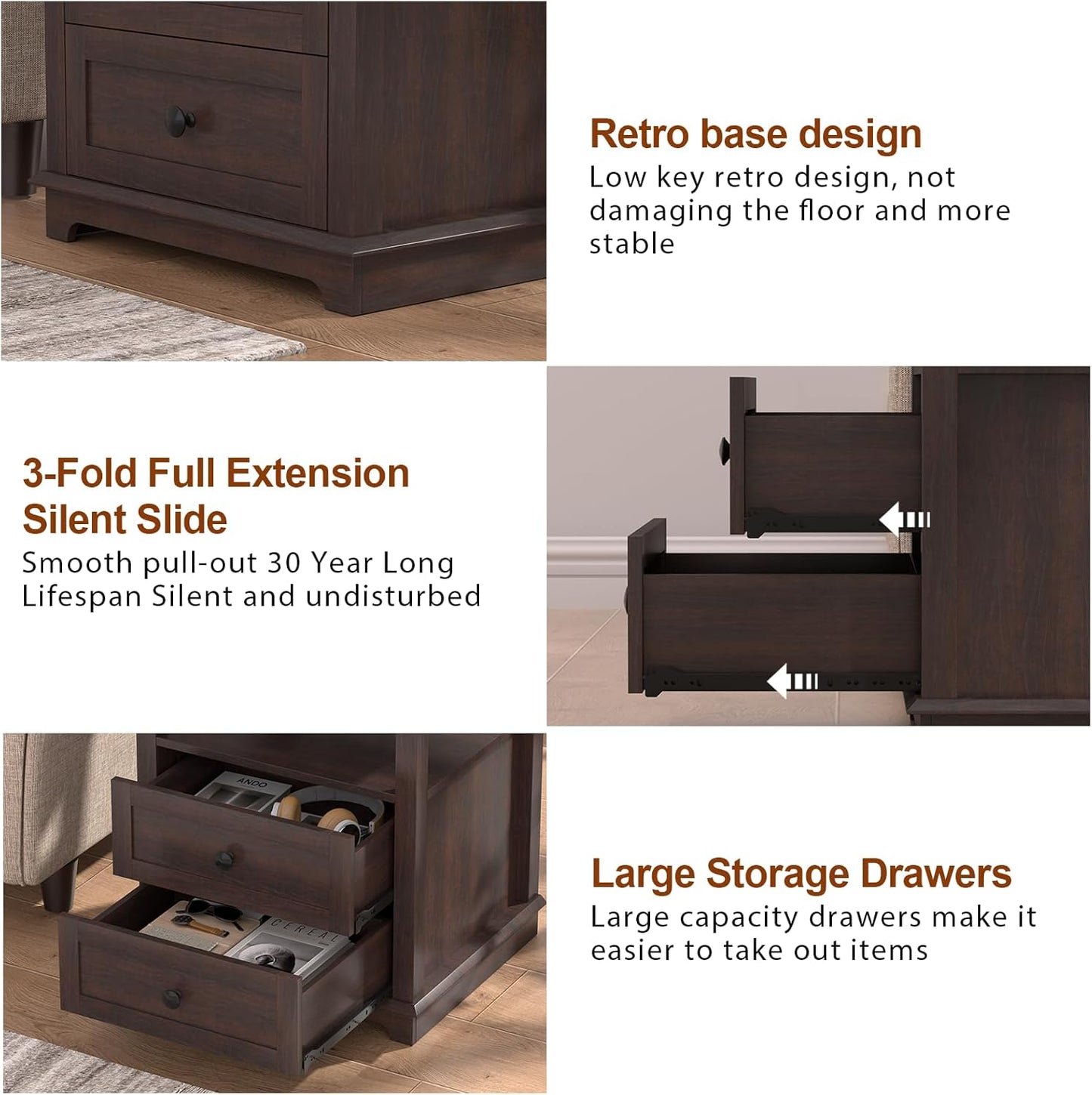 HIFYOBRO 24" Tall End Table with 2 Drawers and Charging Station, Type-C & USB Port & Power outlets, Wooden Storage Cabinet, 21" W Large Side Table with Storage for Living Room and Bedroom (Espresso)